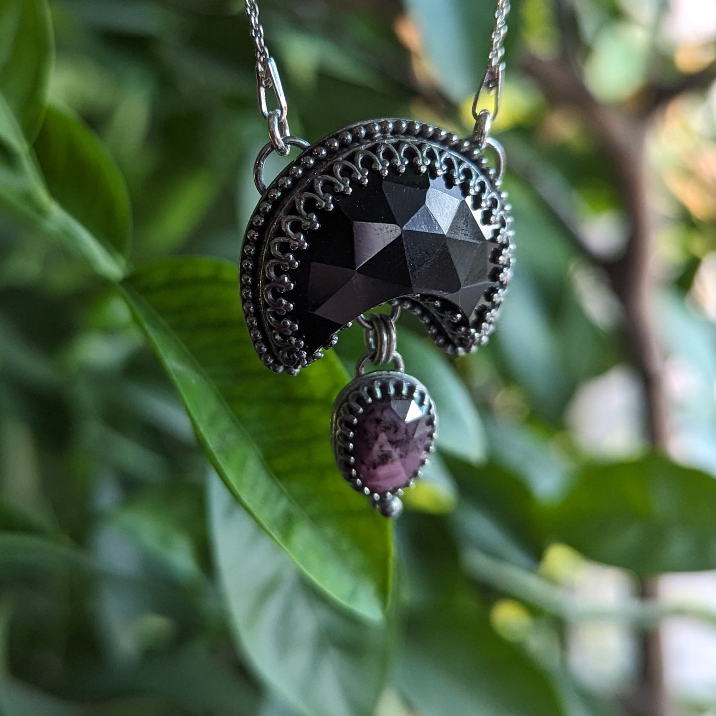 925 Sterling Silver Black Onyx Crescent Moon and Pink Sapphire Pendant Necklace - 17"