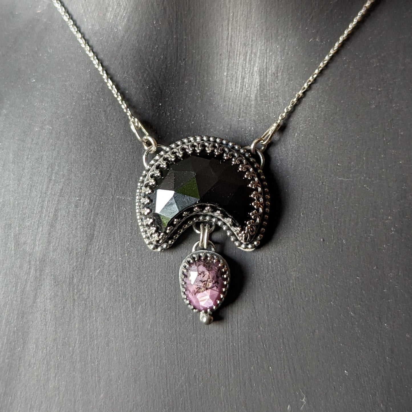 925 Sterling Silver Black Onyx Crescent Moon and Pink Sapphire Pendant Necklace - 17"