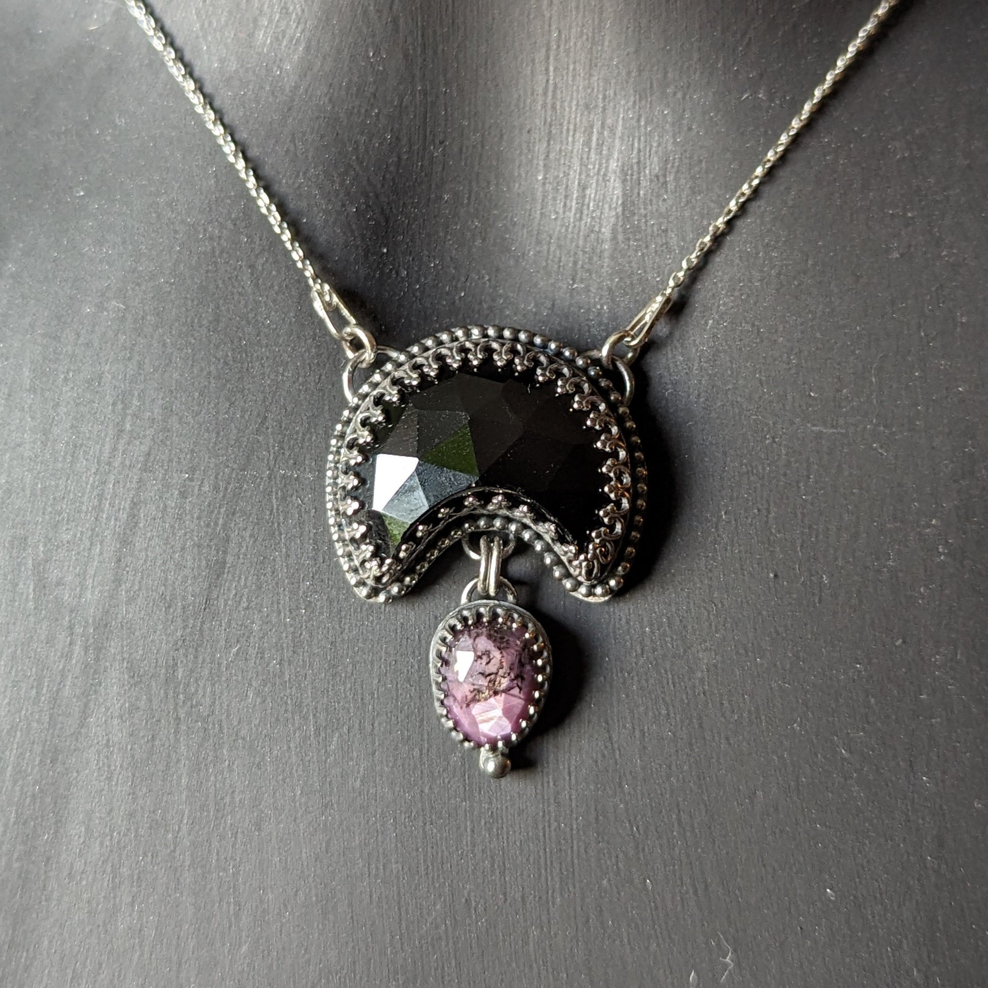 925 Sterling Silver Black Onyx Crescent Moon and Pink Sapphire Pendant Necklace - 17"