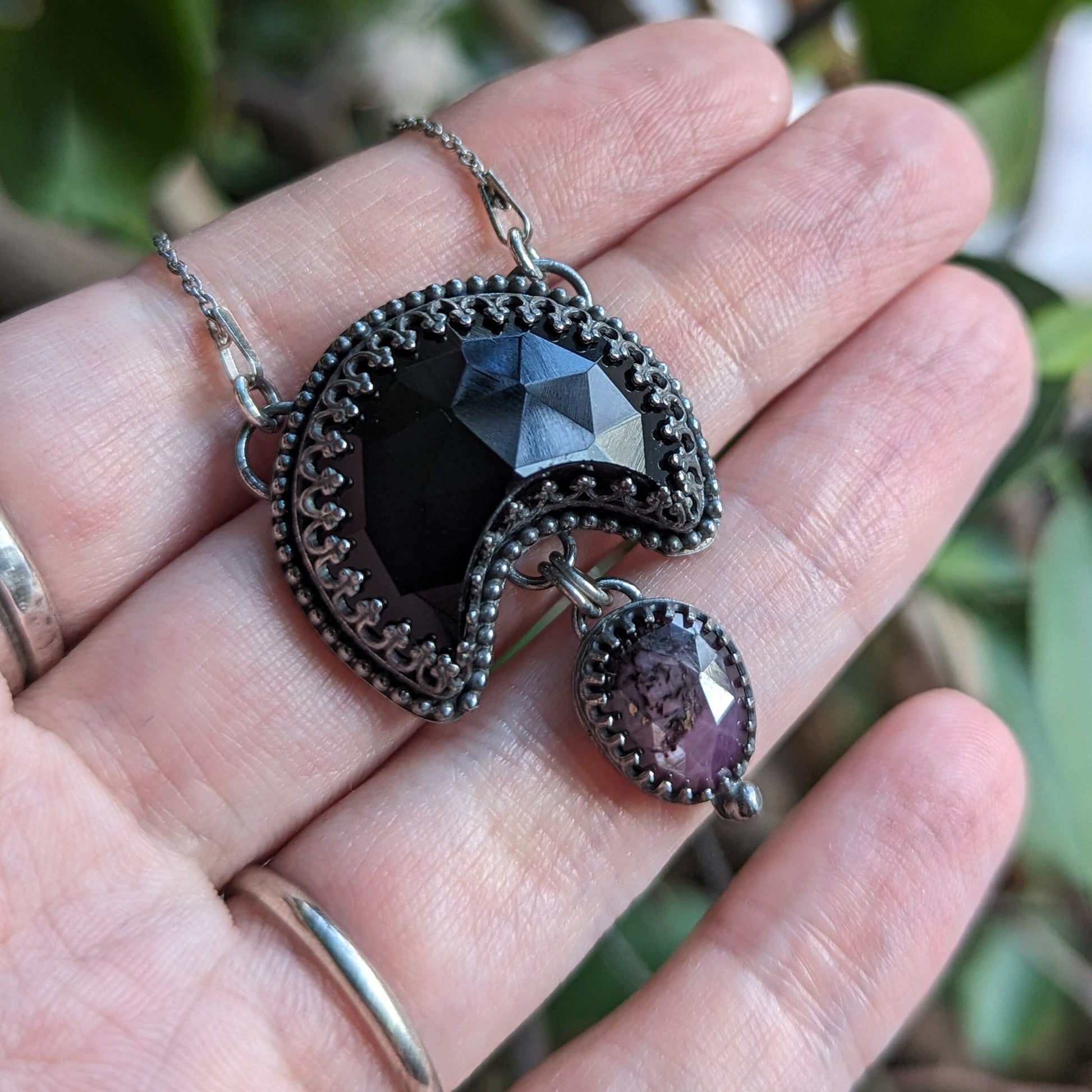 925 Sterling Silver Black Onyx Crescent Moon and Pink Sapphire Pendant Necklace - 17"