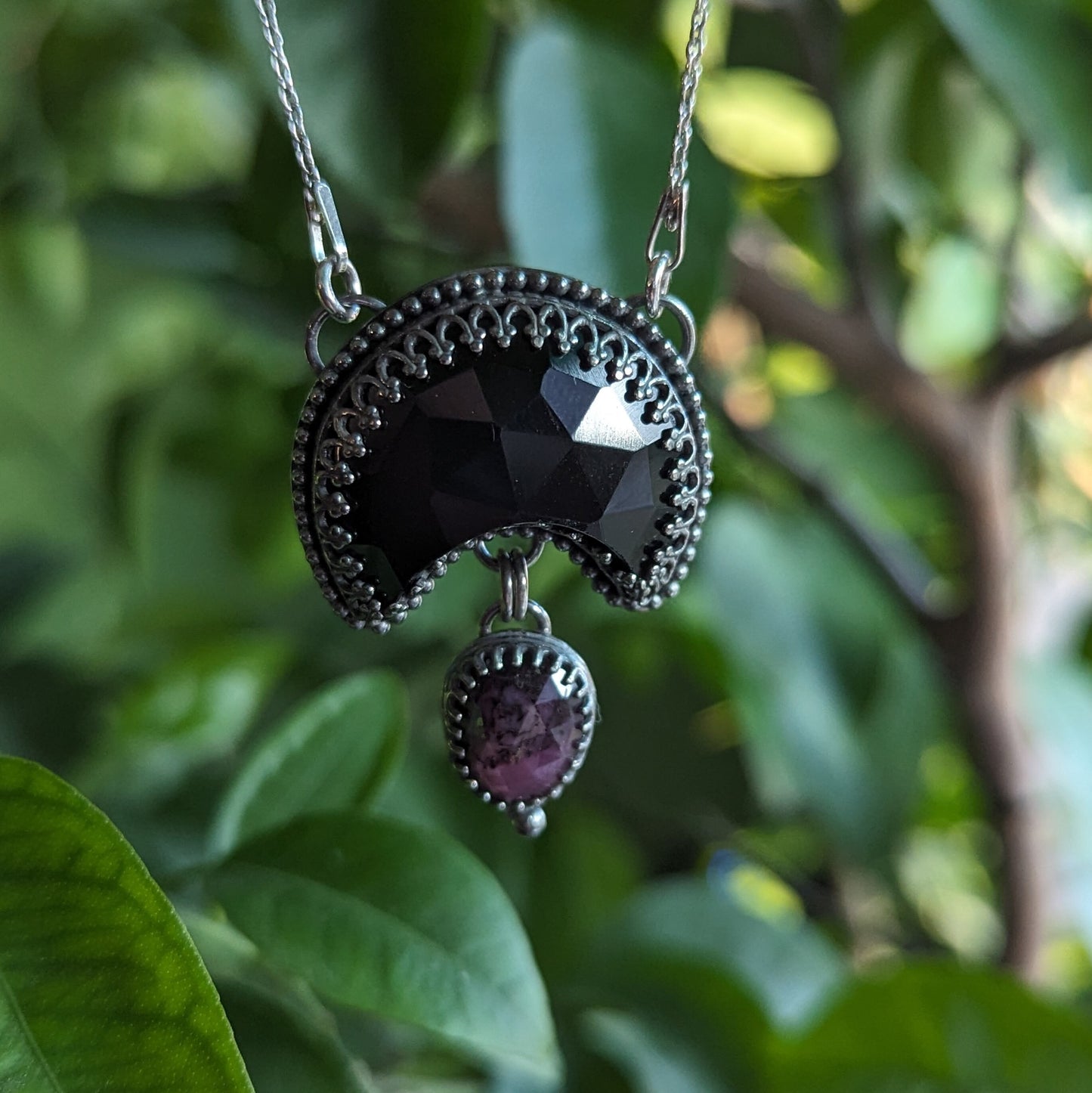 925 Sterling Silver Black Onyx Crescent Moon and Pink Sapphire Pendant Necklace - 17"