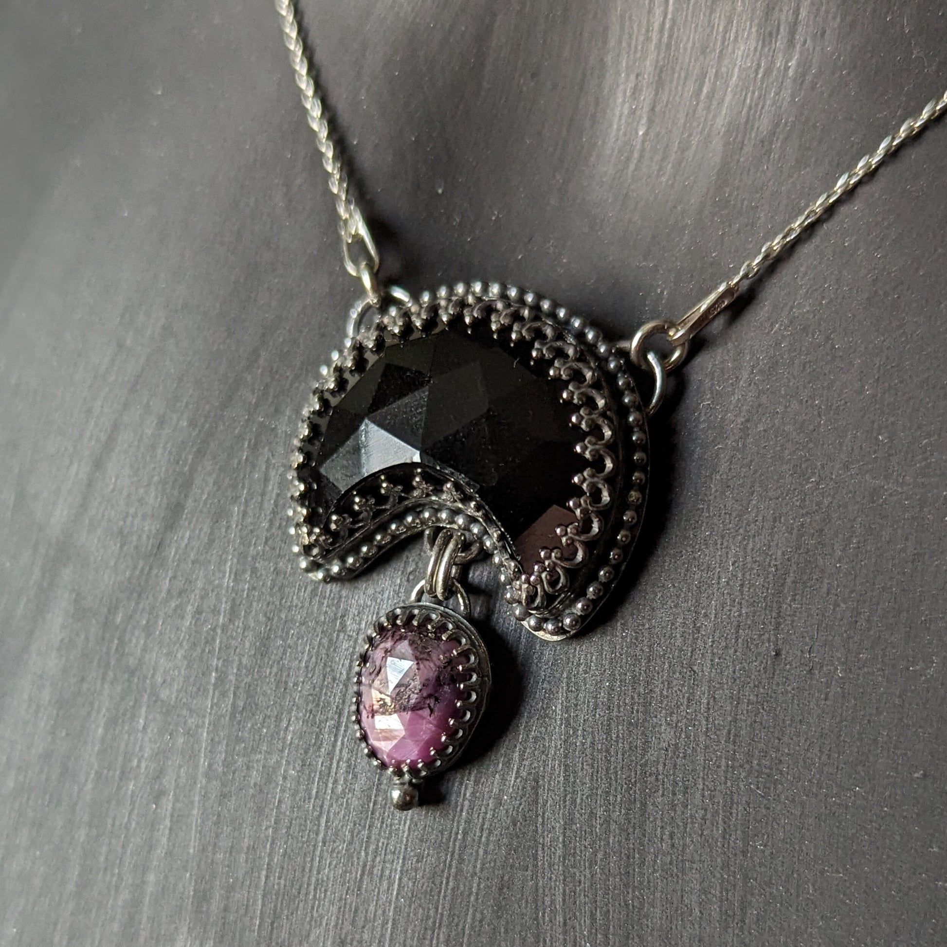 925 Sterling Silver Black Onyx Crescent Moon and Pink Sapphire Pendant Necklace - 17"