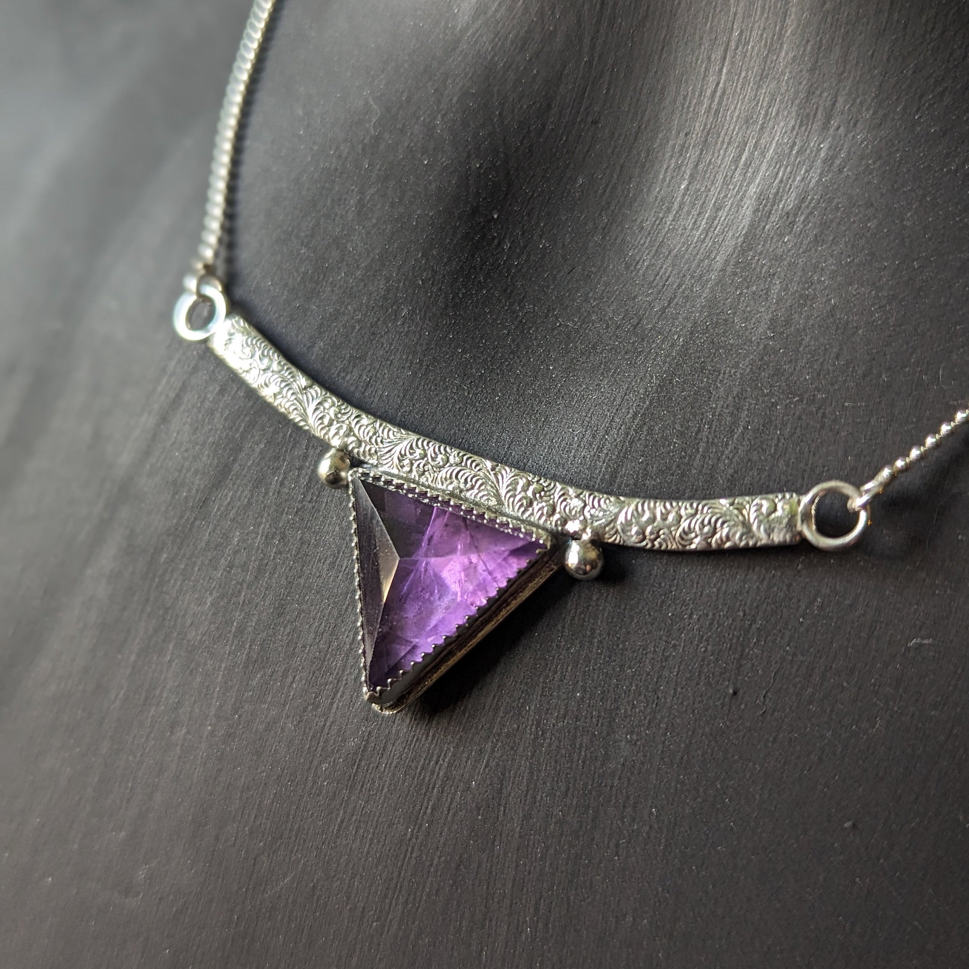 925 Sterling Silver Amethyst Spike Feathered Pendant Necklace - 16"