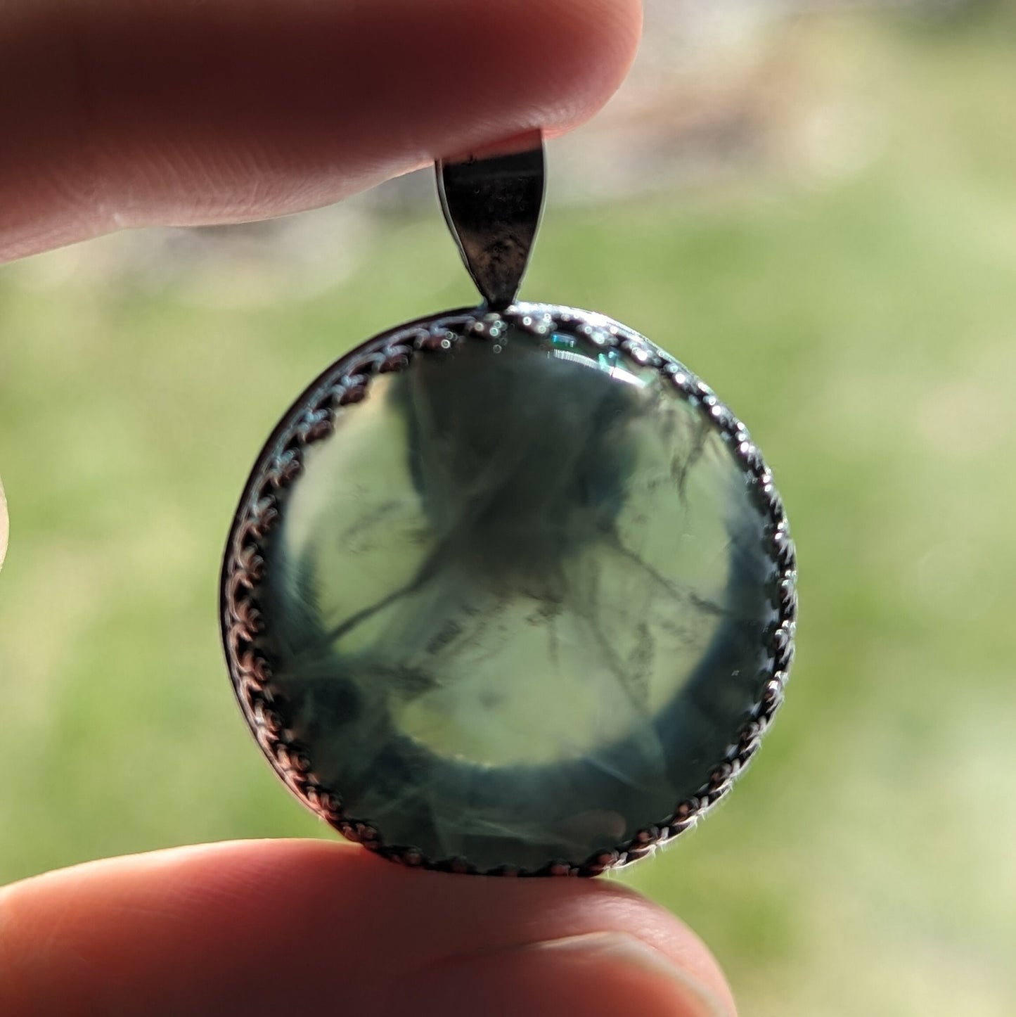 925 Sterling Silver Prehnite Moon Pendant Necklace | Elder God Talisman