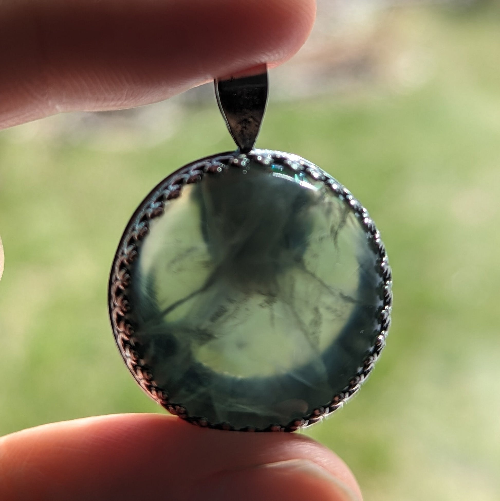 925 Sterling Silver Prehnite Moon Pendant Necklace | Elder God Talisman