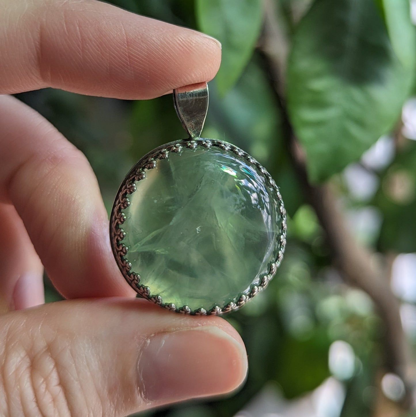 925 Sterling Silver Prehnite Moon Pendant Necklace | Elder God Talisman