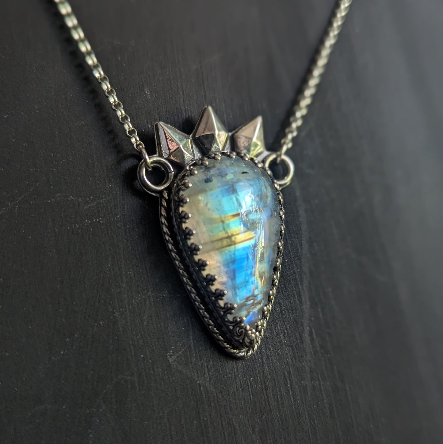 925 Sterling Silver Rainbow Moonstone with Black Tourmaline Spike Queen Talisman Necklace - 18"