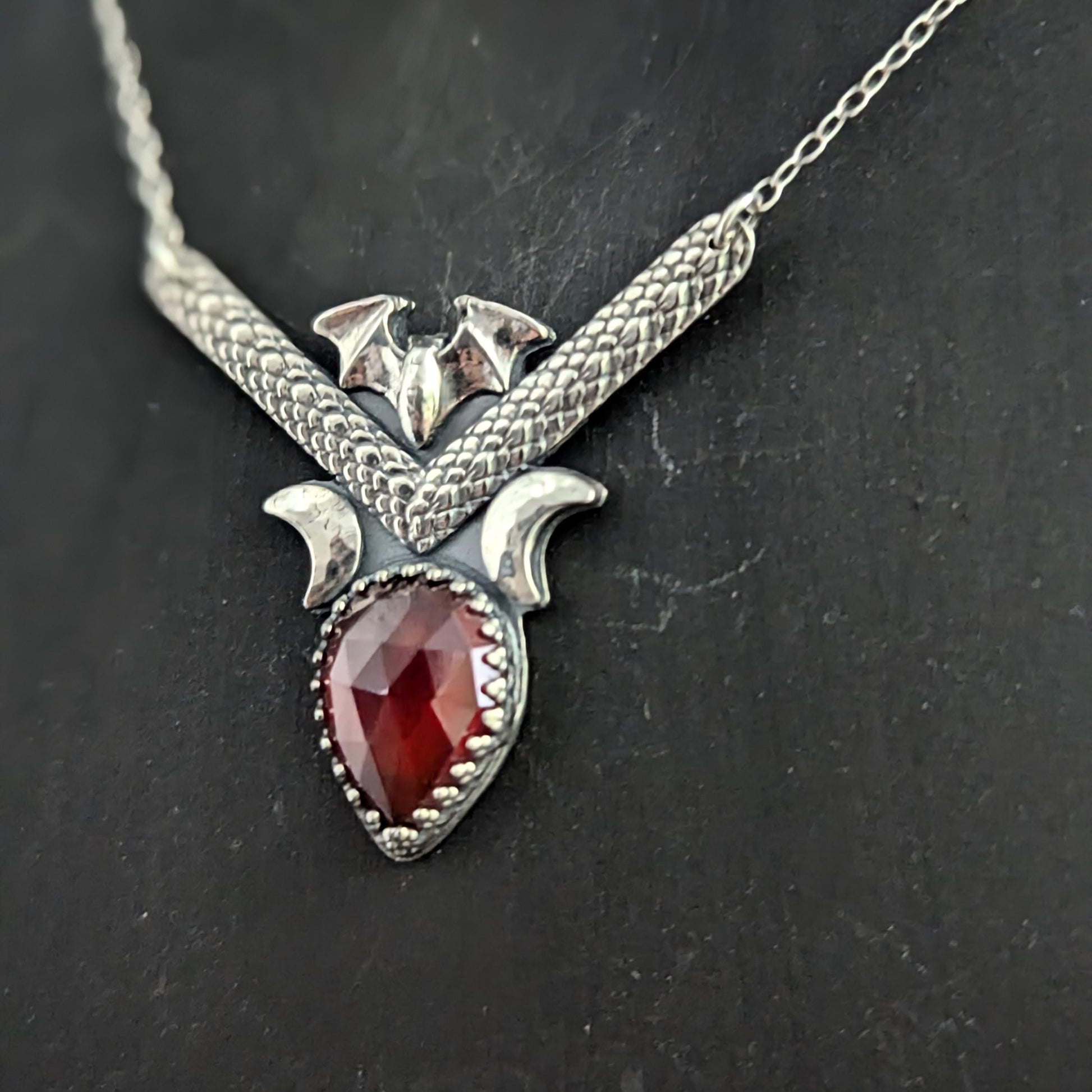 925 Sterling Silver Hessonite Garnet Dainty Bat Pendant Necklace - 16"