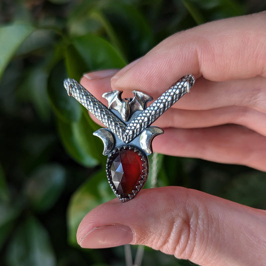925 Sterling Silver Hessonite Garnet Dainty Bat Pendant Necklace - 16"