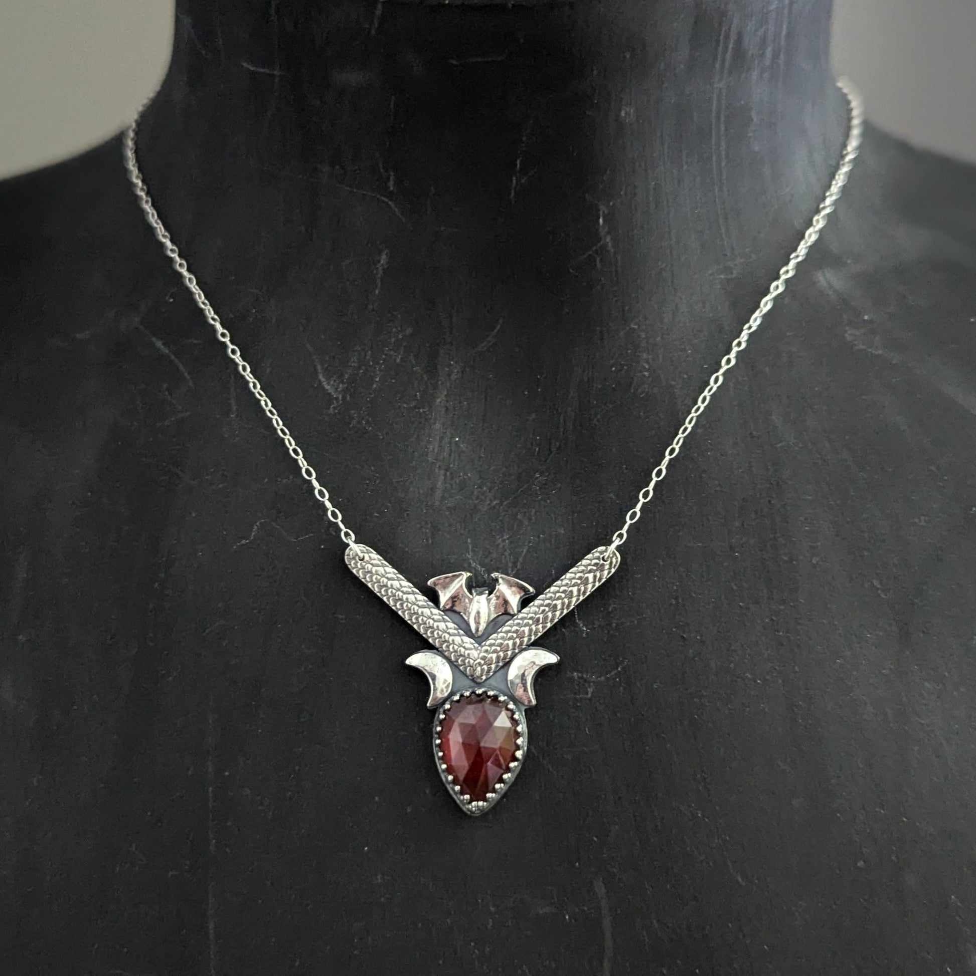925 Sterling Silver Hessonite Garnet Dainty Bat Pendant Necklace - 16"