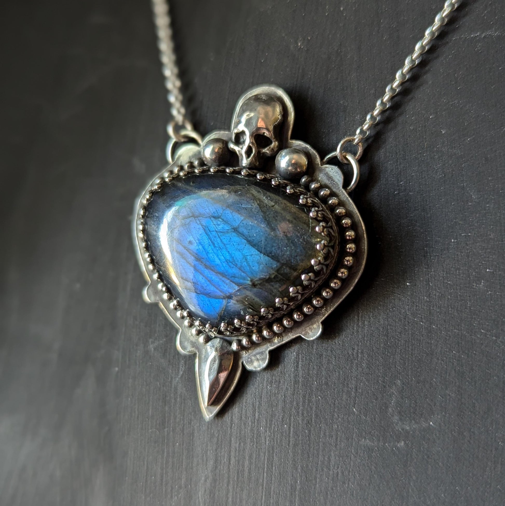 925 Sterling Silver Blue Labradorite Skull Pendant Necklace - 18"