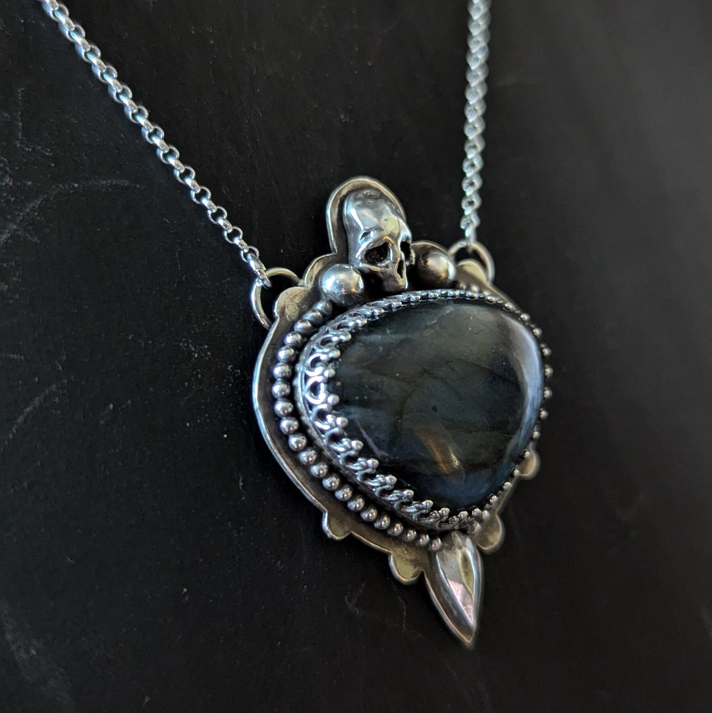 925 Sterling Silver Blue Labradorite Skull Pendant Necklace - 18"