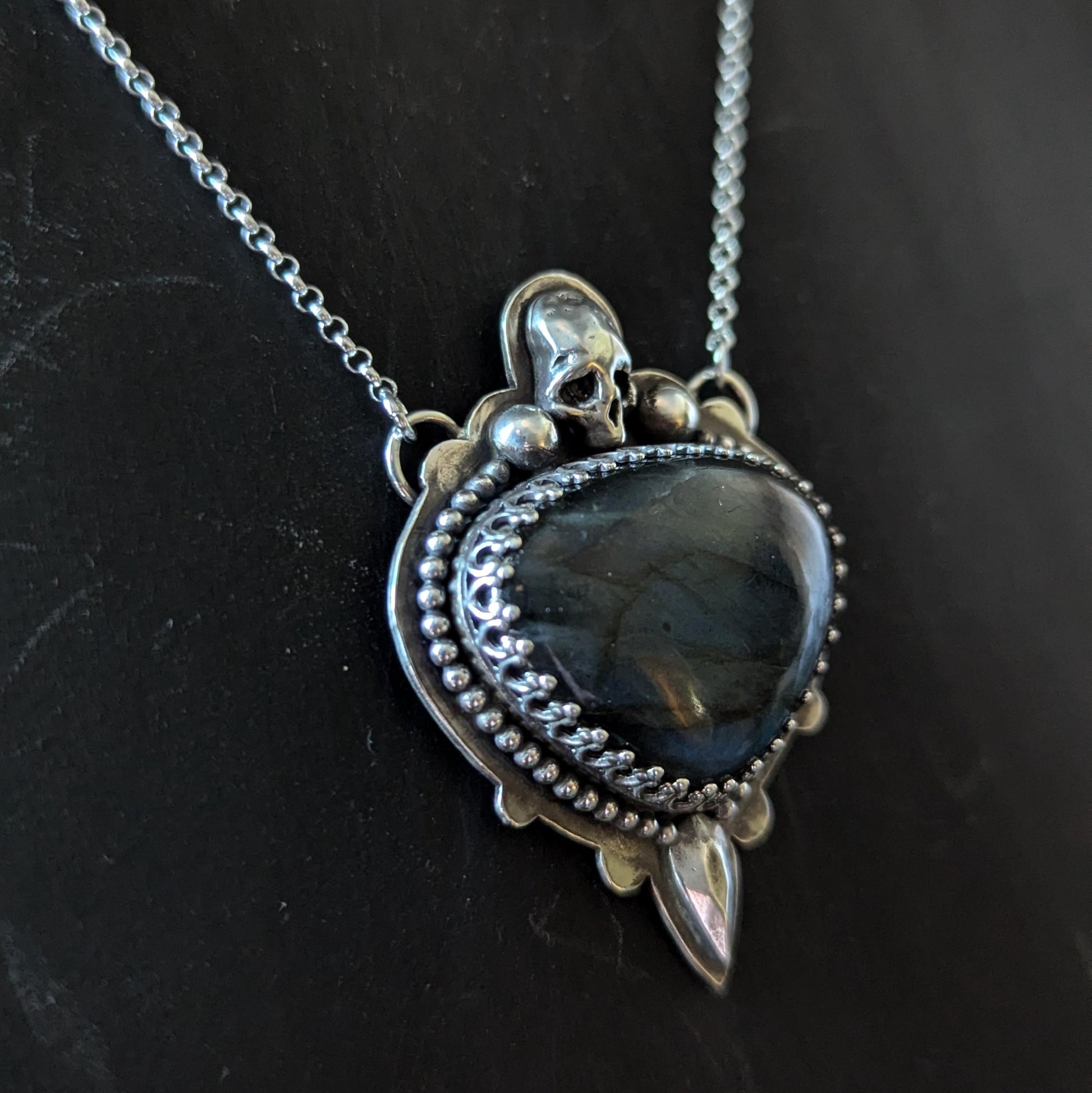 925 Sterling Silver Blue Labradorite Skull Pendant Necklace - 18"