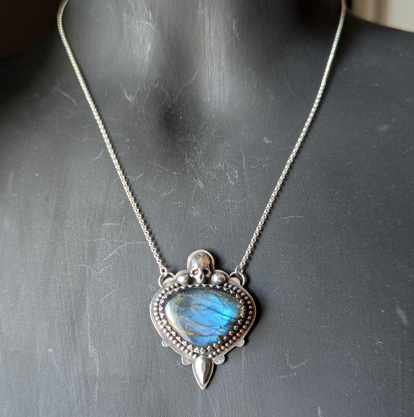 925 Sterling Silver Blue Labradorite Skull Pendant Necklace - 18"