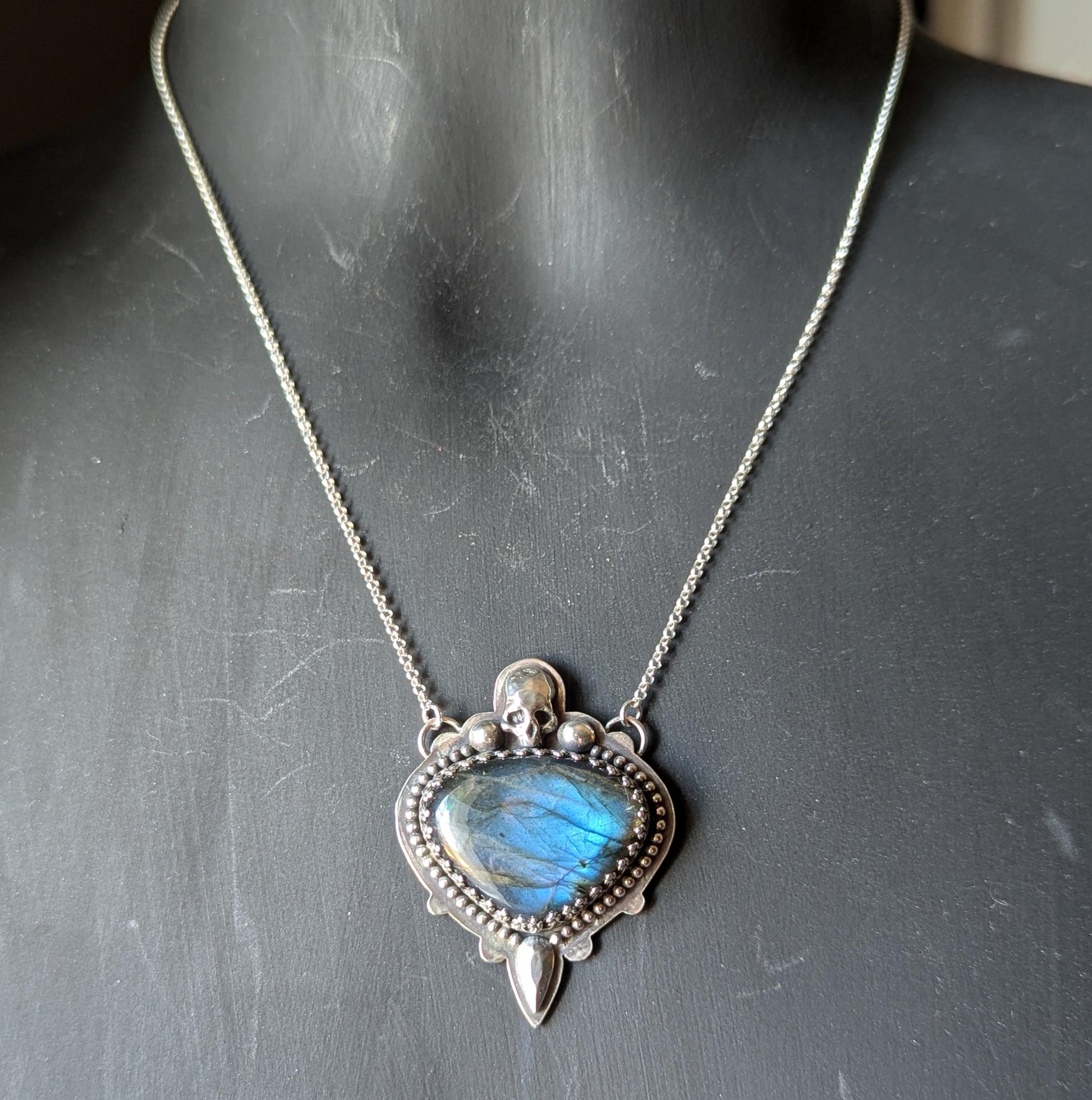 925 Sterling Silver Blue Labradorite Skull Pendant Necklace - 18"