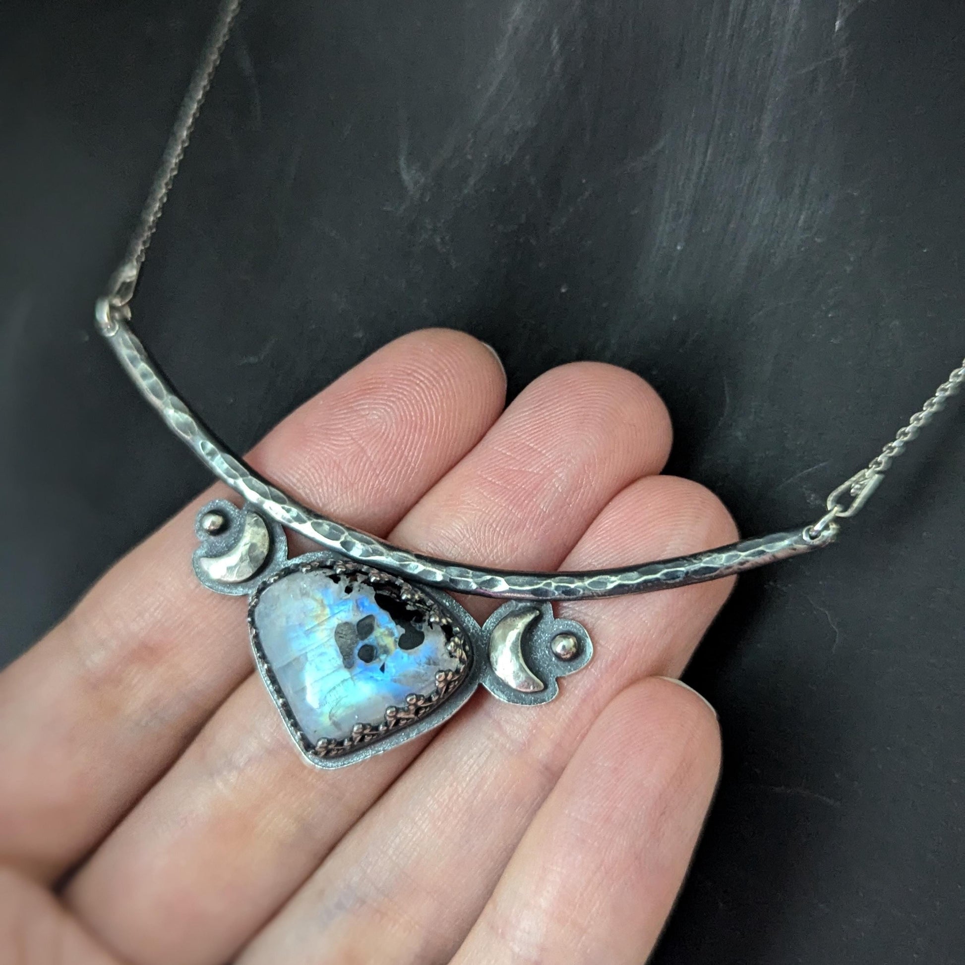 925 Sterling Silver Dark Celestial Rainbow Moonstone with Black Tourmaline Pendant Necklace - 16"
