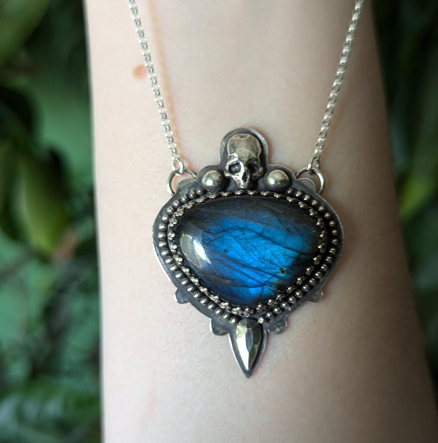 925 Sterling Silver Blue Labradorite Skull Pendant Necklace - 18"
