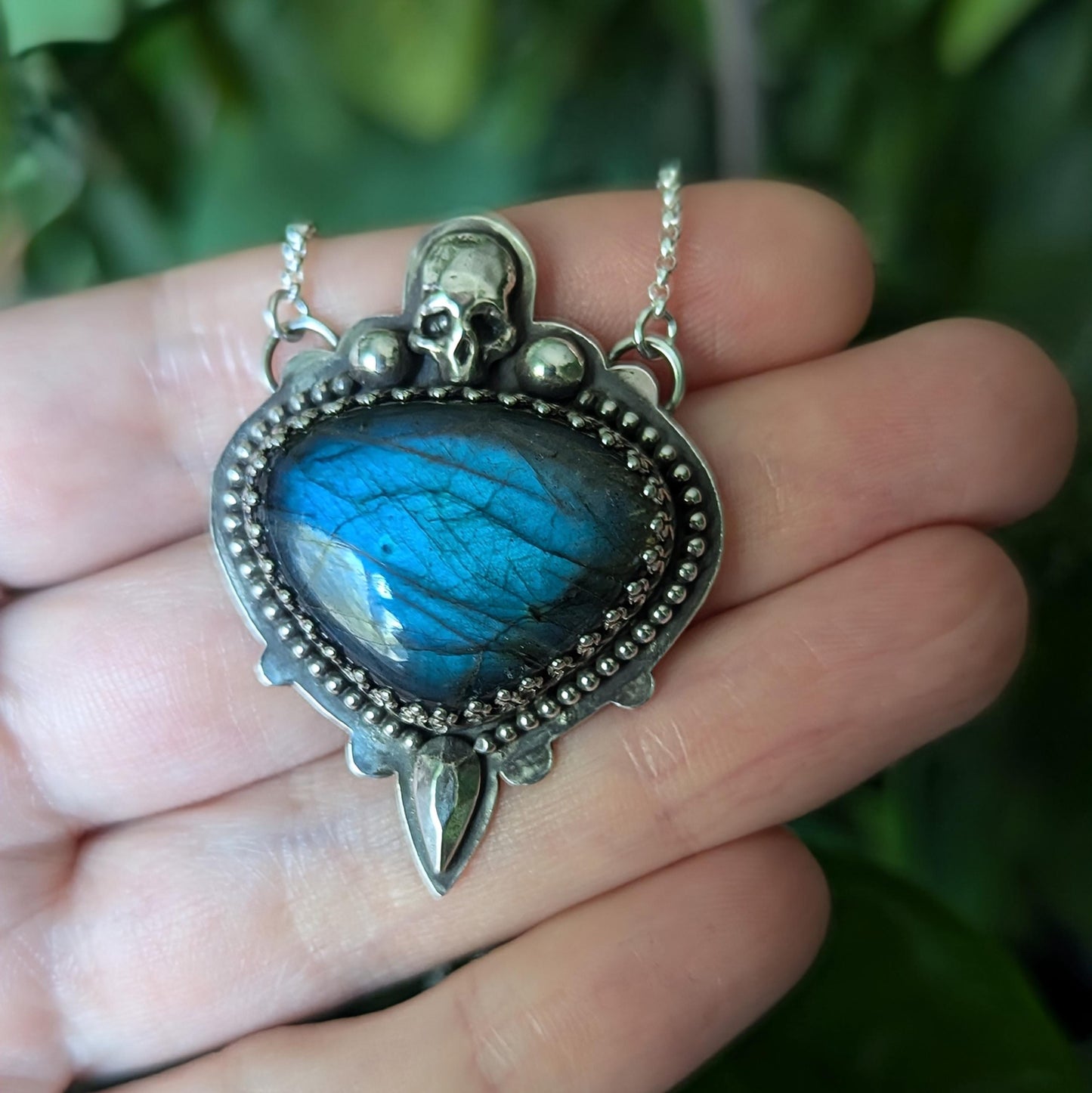 925 Sterling Silver Blue Labradorite Skull Pendant Necklace - 18"