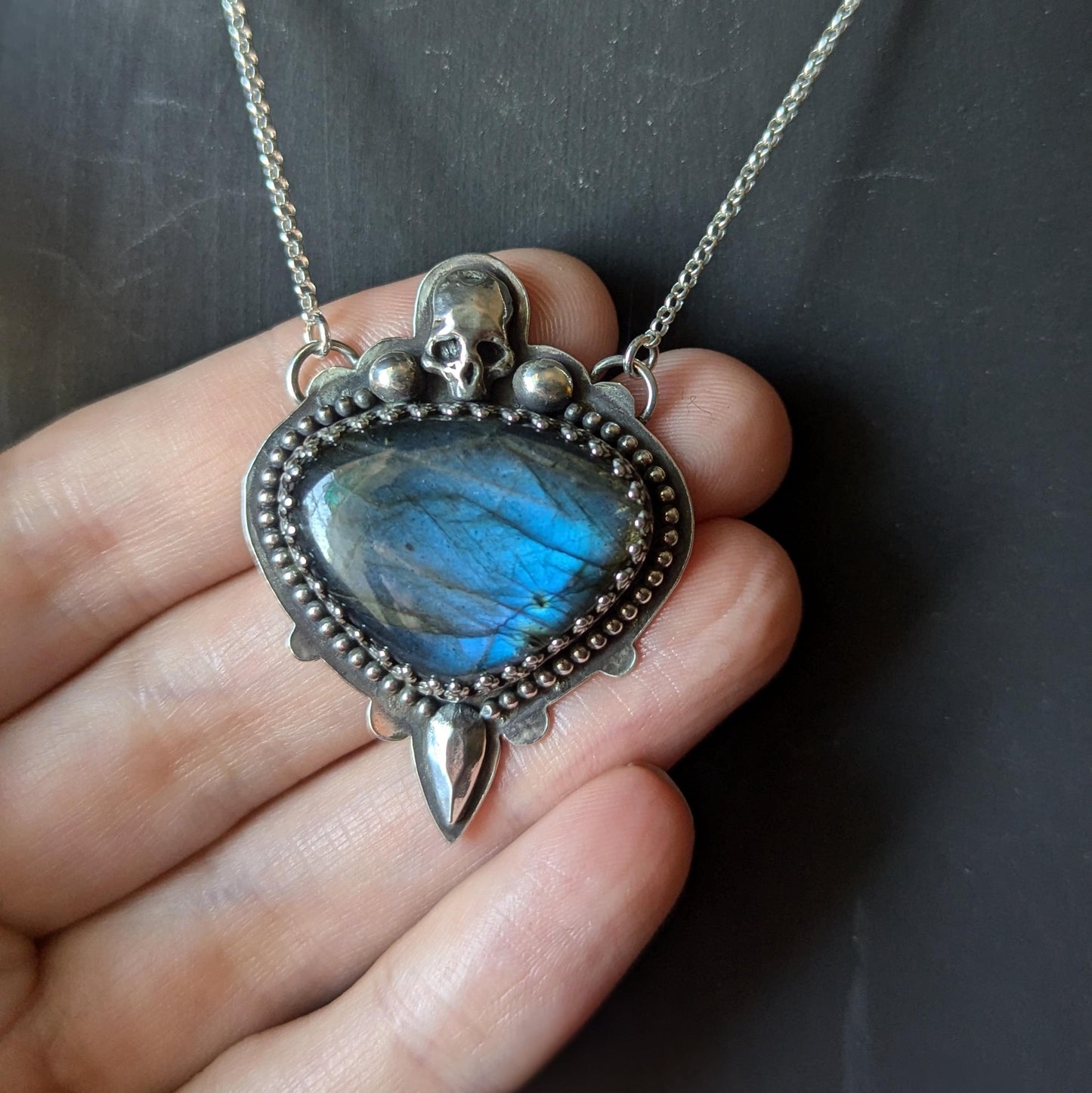 925 Sterling Silver Blue Labradorite Skull Pendant Necklace - 18"
