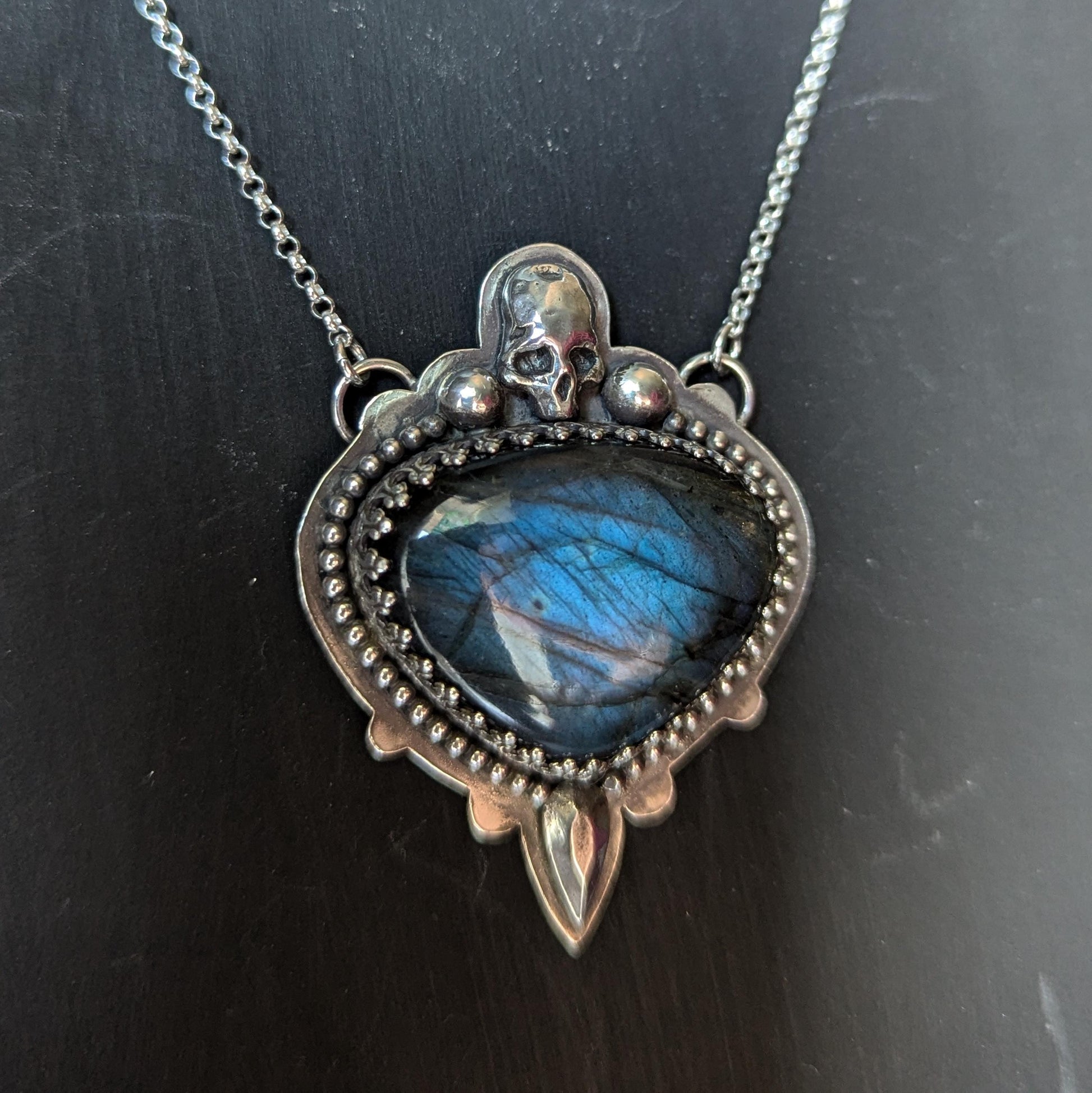 925 Sterling Silver Blue Labradorite Skull Pendant Necklace - 18"