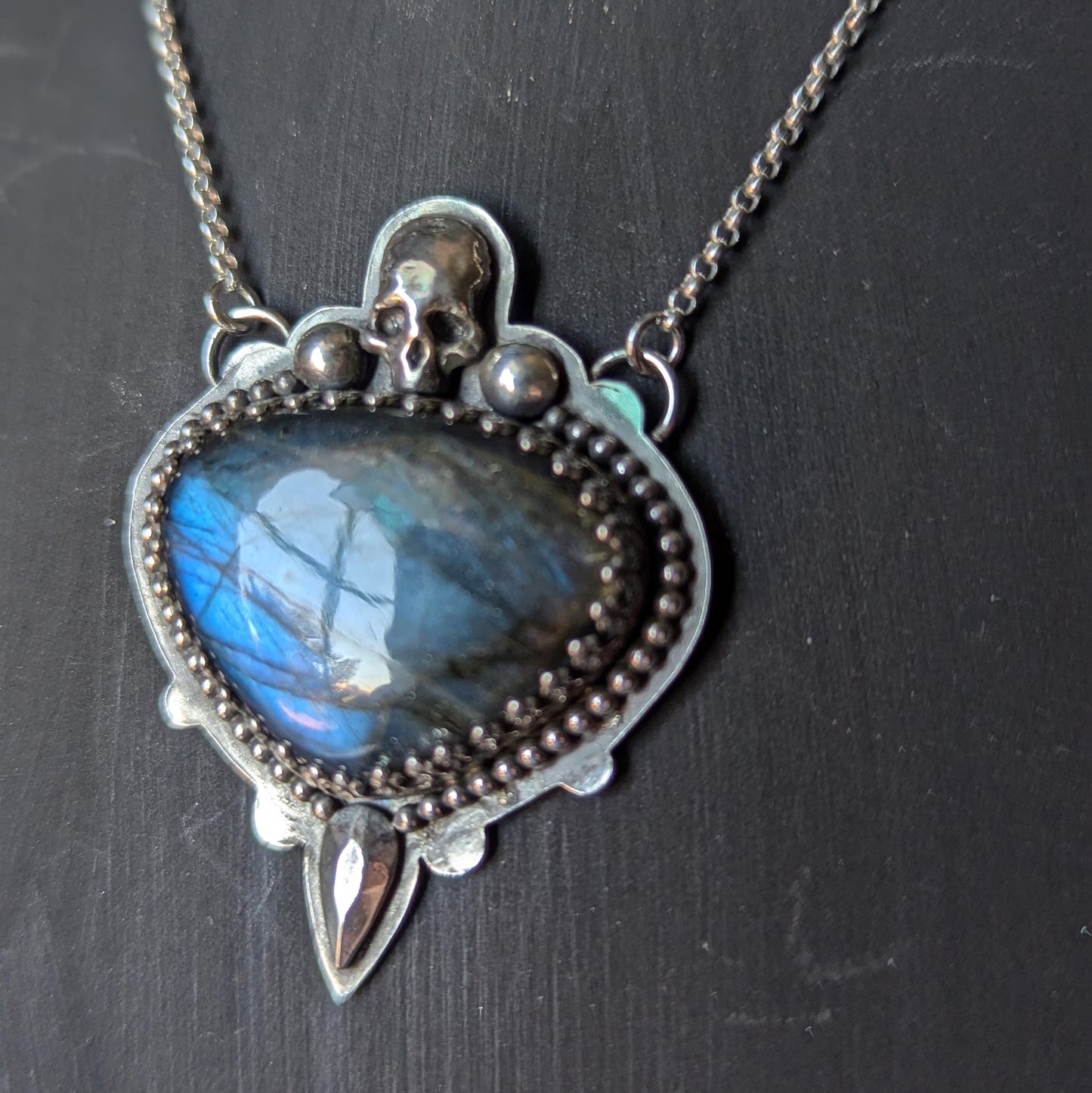 925 Sterling Silver Blue Labradorite Skull Pendant Necklace - 18"