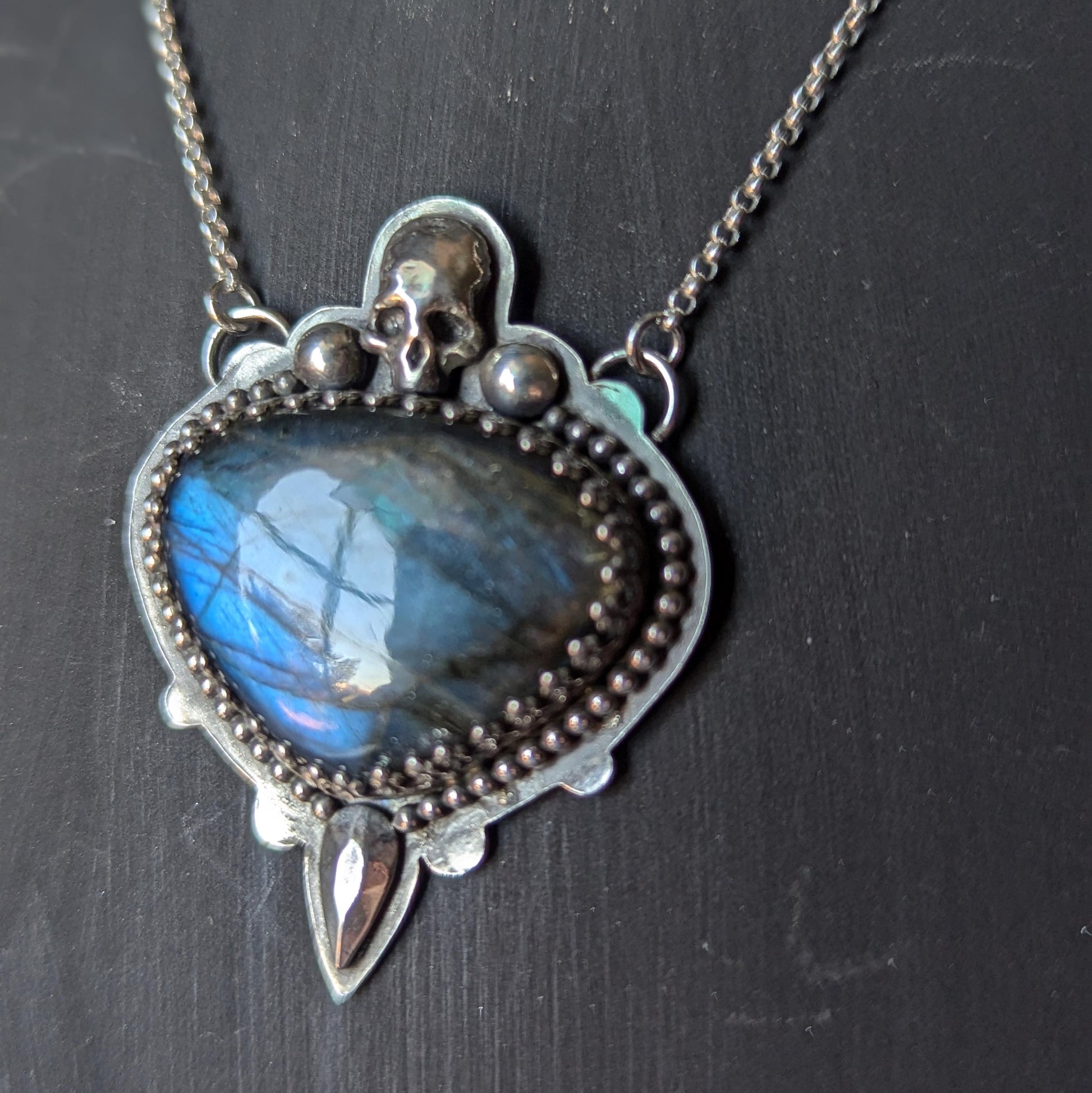 925 Sterling Silver Blue Labradorite Skull Pendant Necklace - 18"