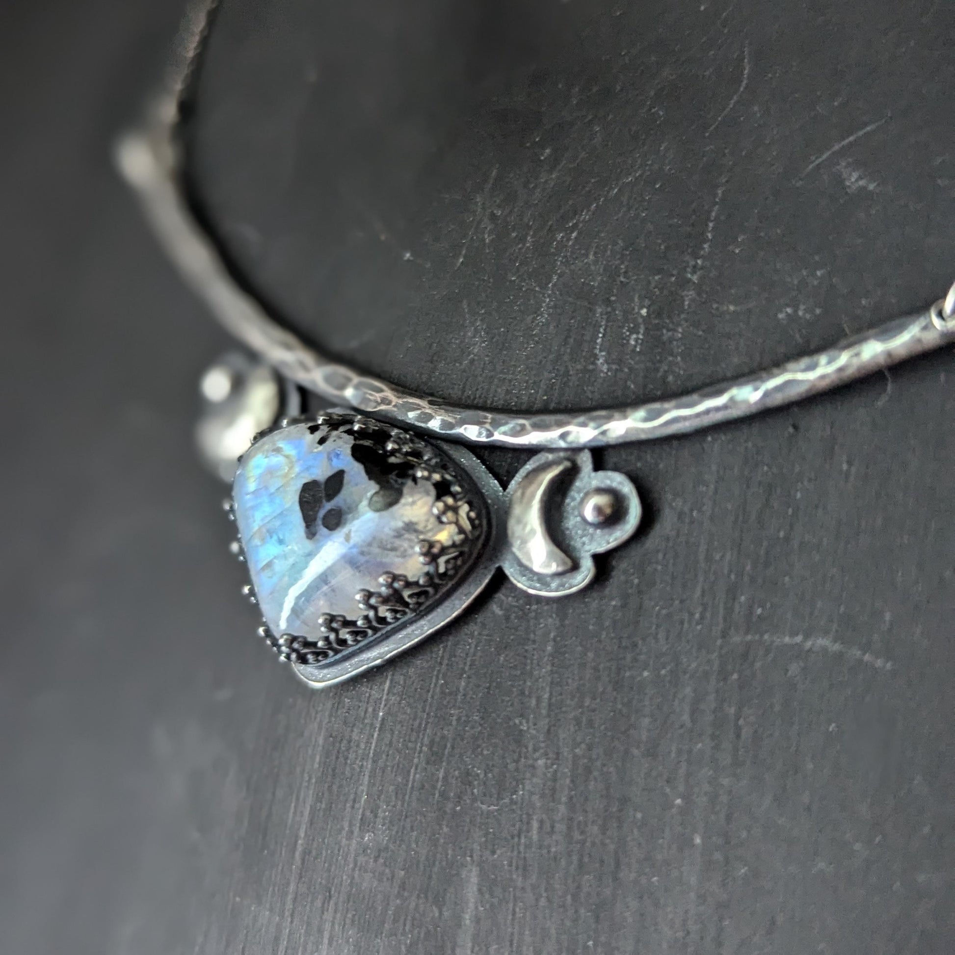925 Sterling Silver Dark Celestial Rainbow Moonstone with Black Tourmaline Pendant Necklace - 16"