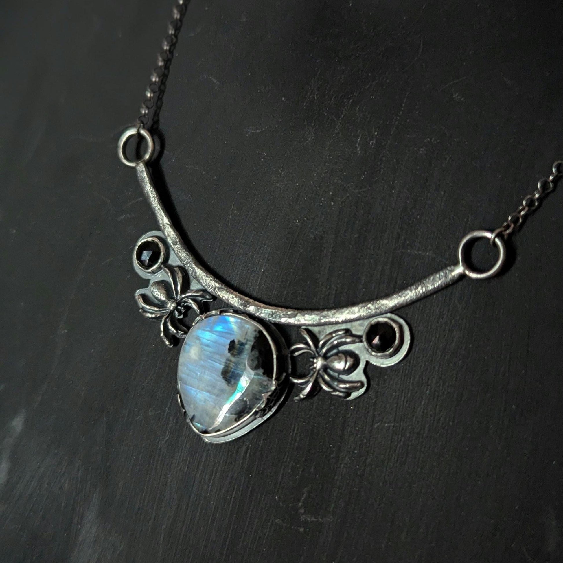 925 Sterling Silver Rainbow Moonstone with Black Tourmaline and Black Spinel Spider Web Pendant Necklace - 18"