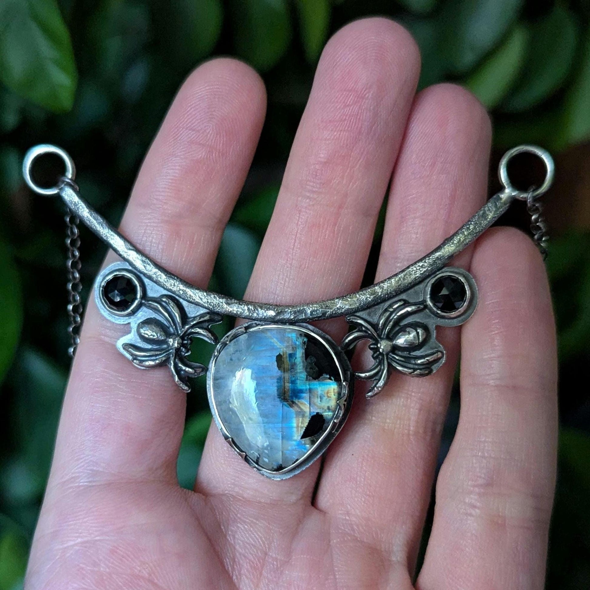 925 Sterling Silver Rainbow Moonstone with Black Tourmaline and Black Spinel Spider Web Pendant Necklace - 18"