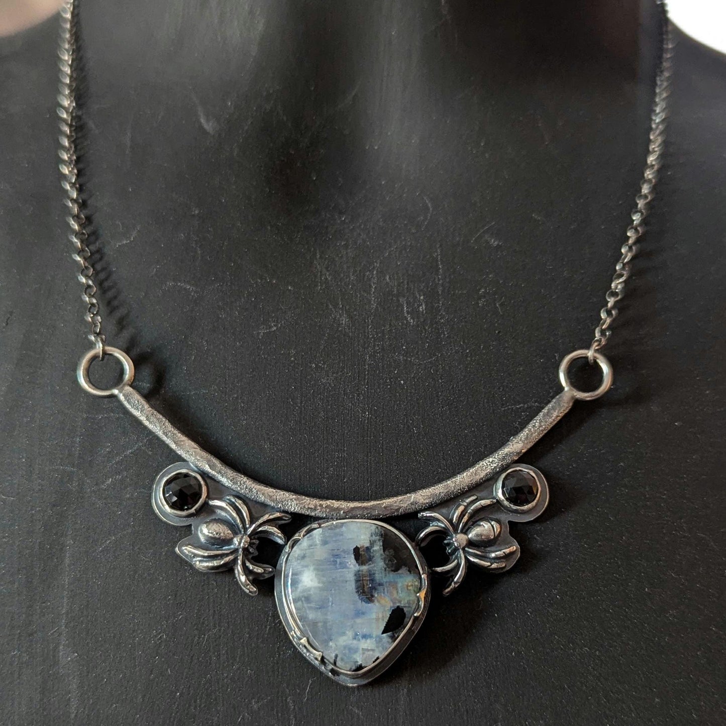 925 Sterling Silver Rainbow Moonstone with Black Tourmaline and Black Spinel Spider Web Pendant Necklace - 18"