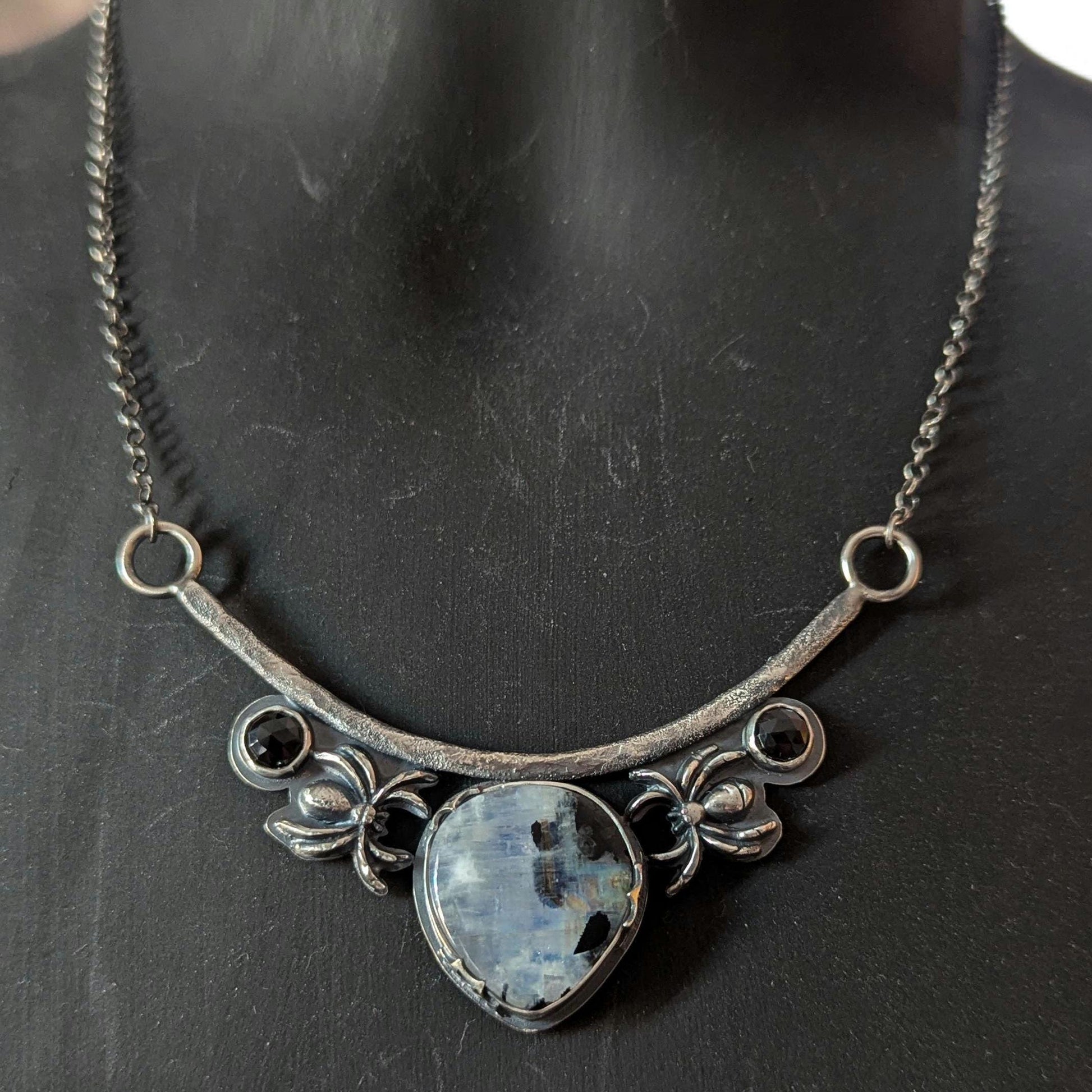 925 Sterling Silver Rainbow Moonstone with Black Tourmaline and Black Spinel Spider Web Pendant Necklace - 18"