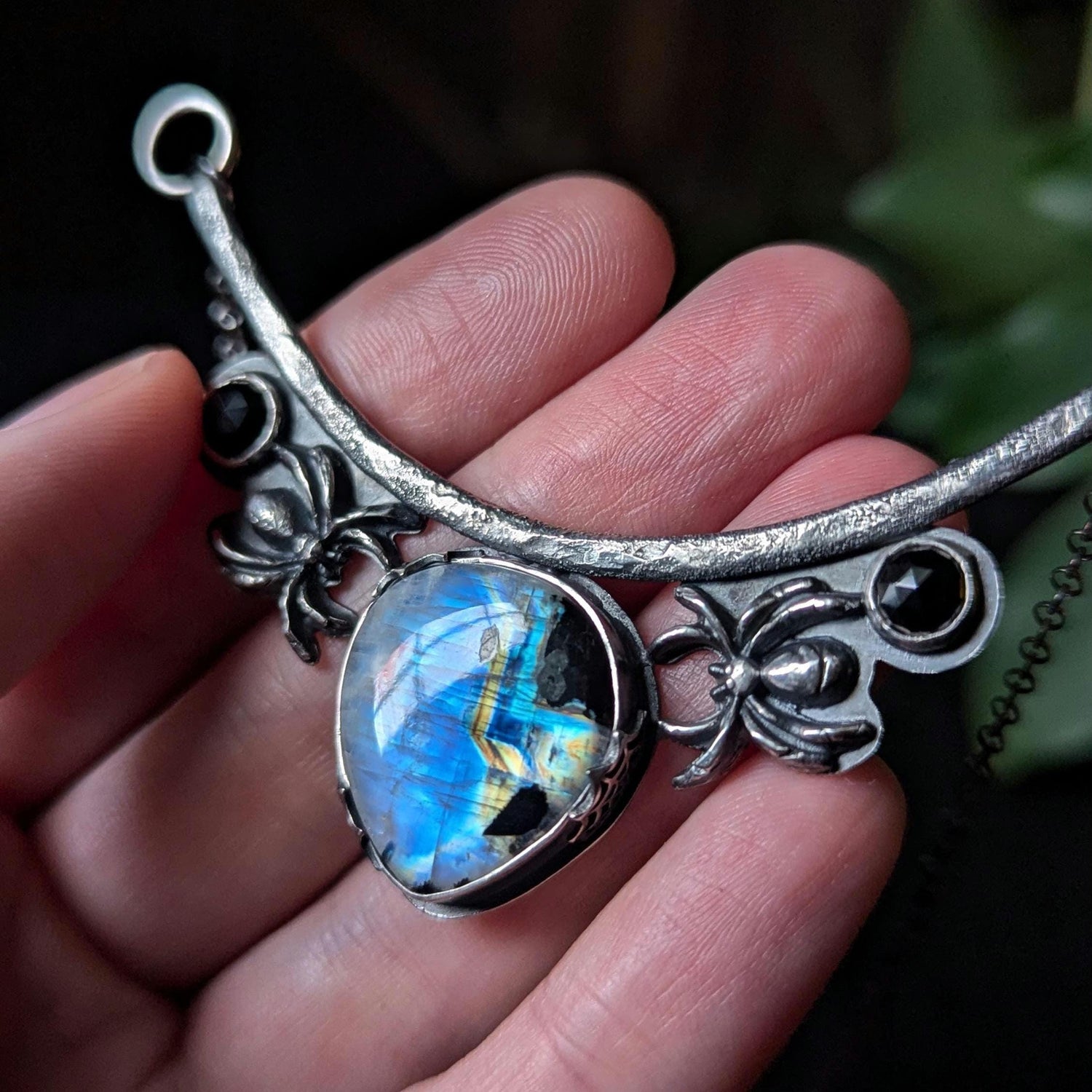 925 Sterling Silver Rainbow Moonstone with Black Tourmaline and Black Spinel Spider Web Pendant Necklace - 18"