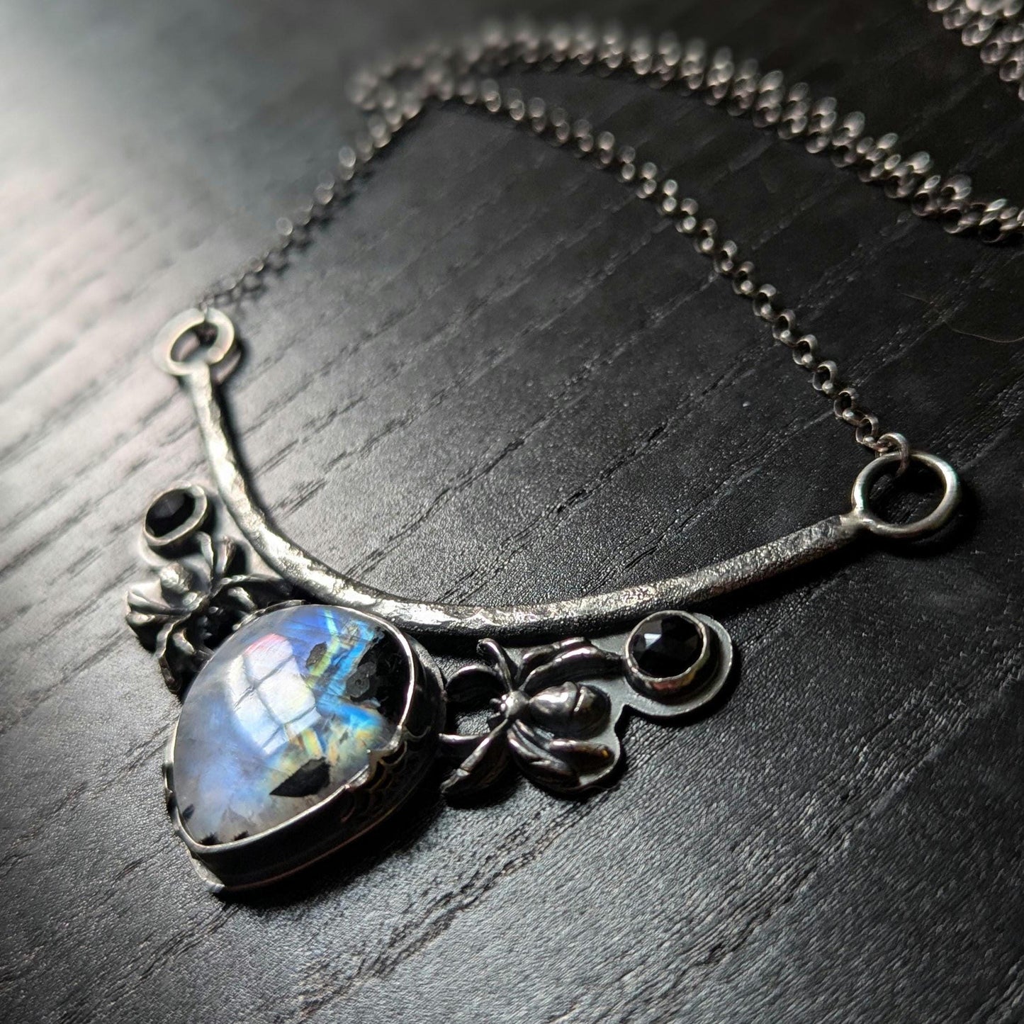 925 Sterling Silver Rainbow Moonstone with Black Tourmaline and Black Spinel Spider Web Pendant Necklace - 18"