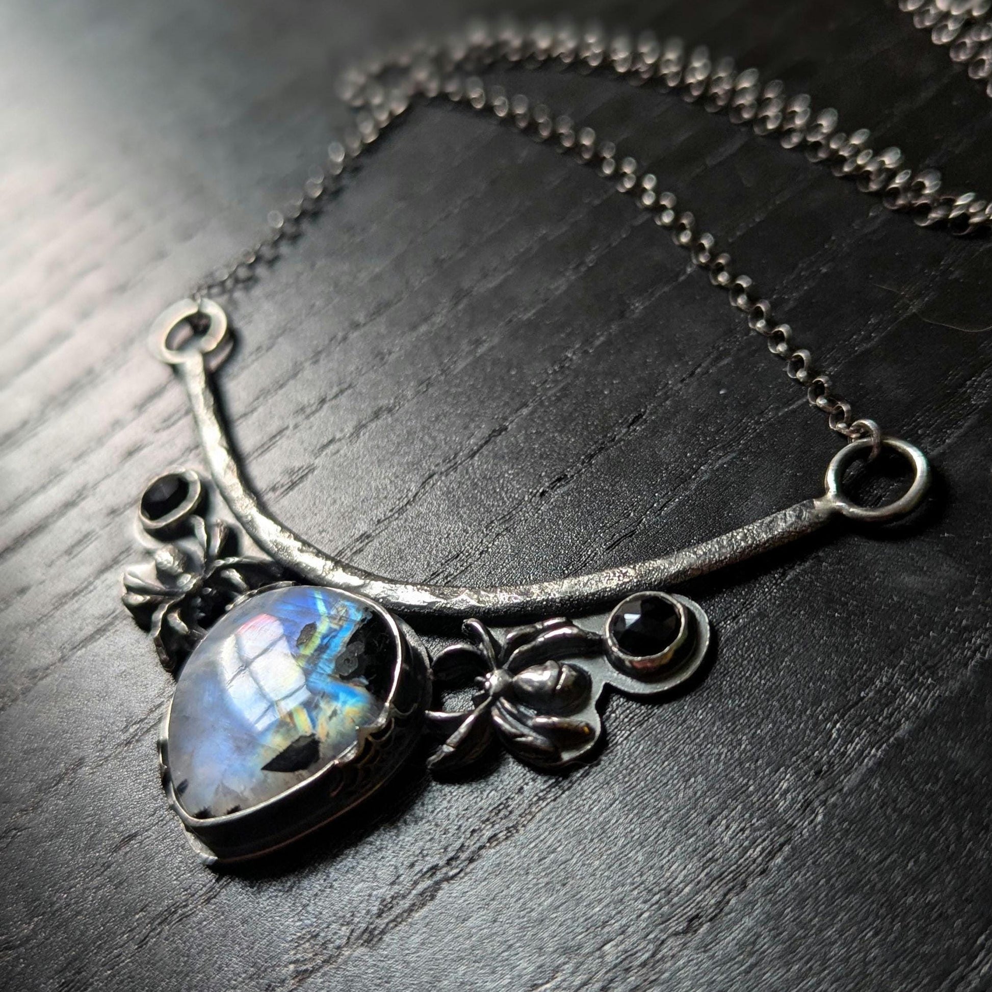 925 Sterling Silver Rainbow Moonstone with Black Tourmaline and Black Spinel Spider Web Pendant Necklace - 18"