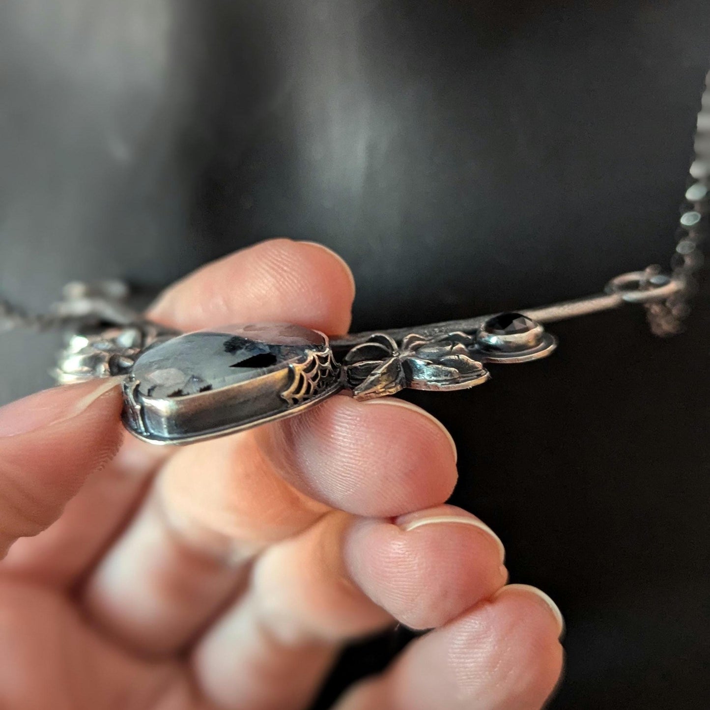 925 Sterling Silver Rainbow Moonstone with Black Tourmaline and Black Spinel Spider Web Pendant Necklace - 18"