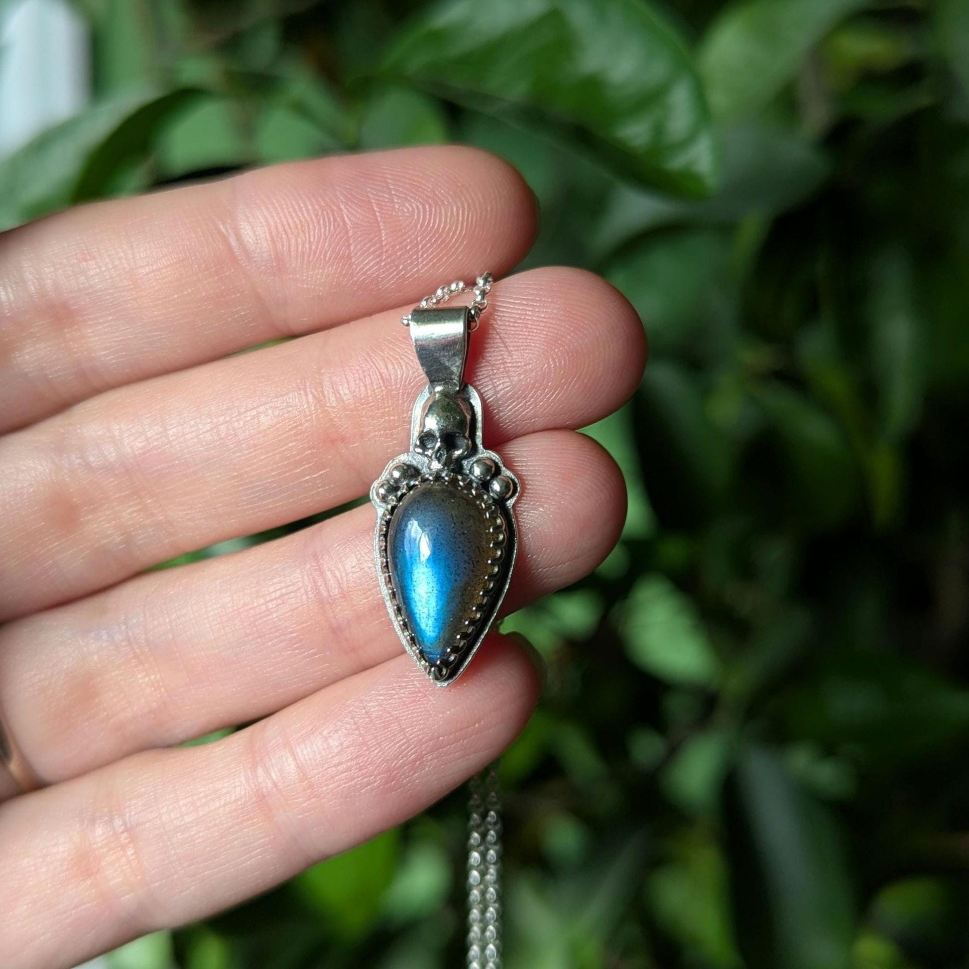 925 Sterling Silver Blue Labradorite Skull Pendant Necklace - 18"
