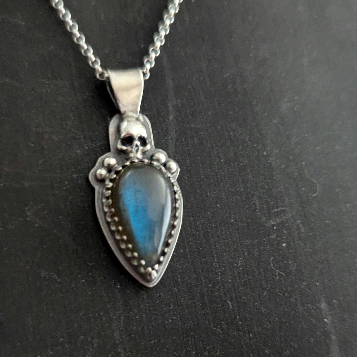 925 Sterling Silver Blue Labradorite Skull Pendant Necklace - 18"