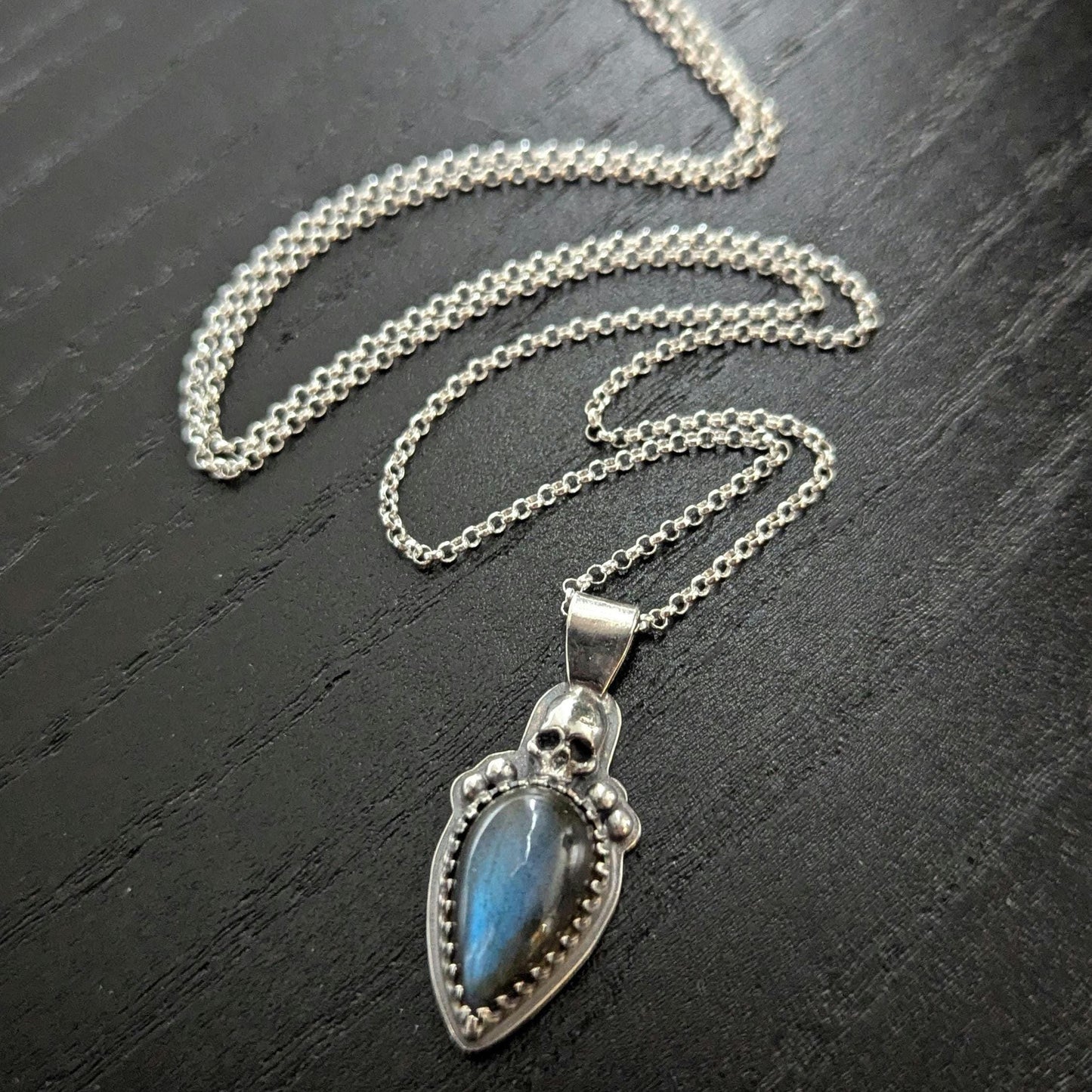 925 Sterling Silver Blue Labradorite Skull Pendant Necklace - 18"
