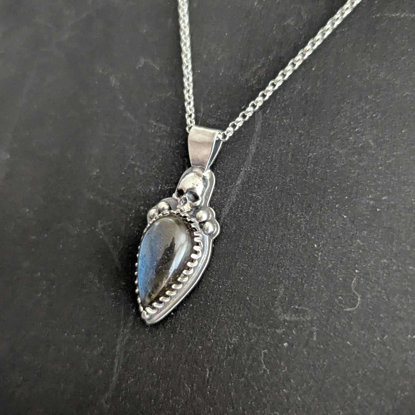 925 Sterling Silver Blue Labradorite Skull Pendant Necklace - 18"