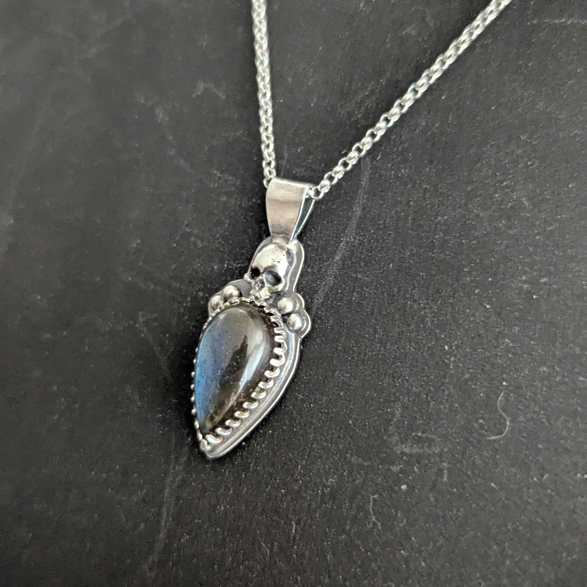 925 Sterling Silver Blue Labradorite Skull Pendant Necklace - 18"