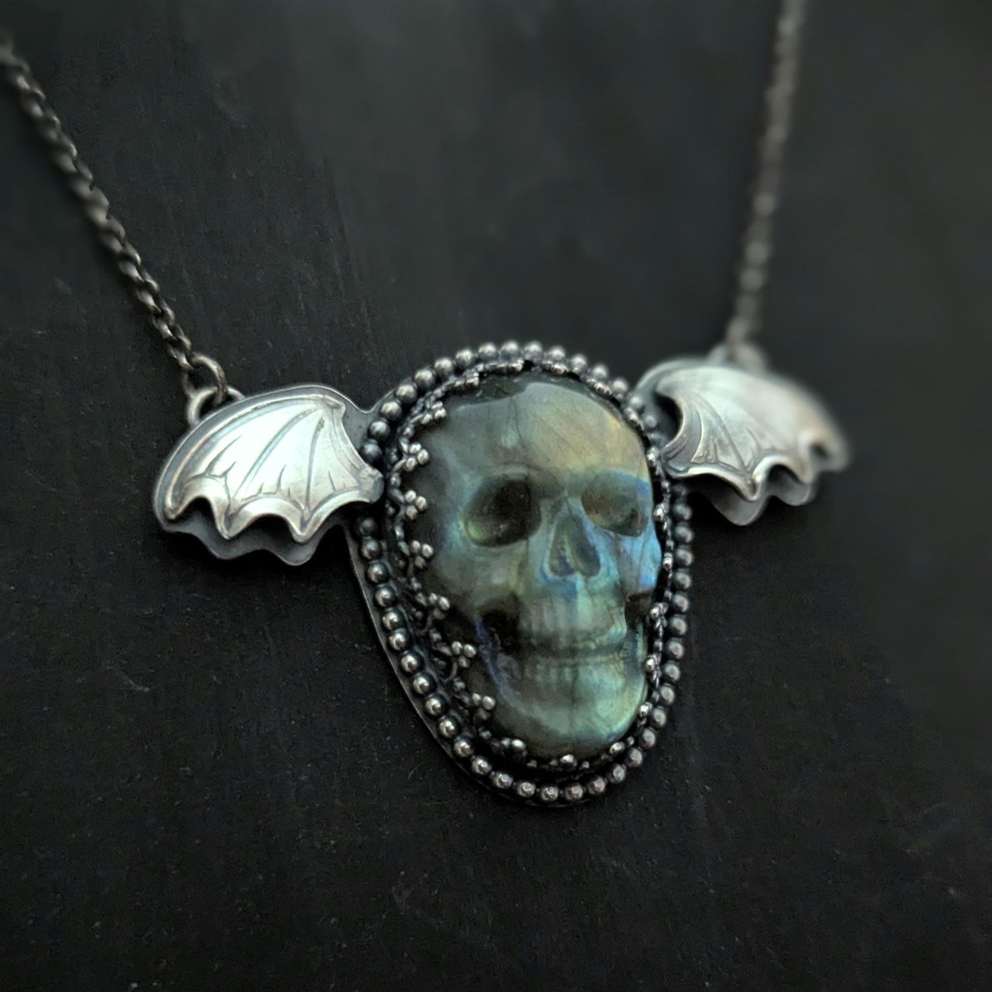 925 Sterling Silver Labradorite Flying Skull Pendant Necklace 18"