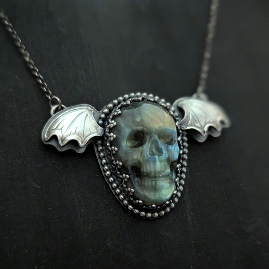 925 Sterling Silver Labradorite Flying Skull Pendant Necklace 18"