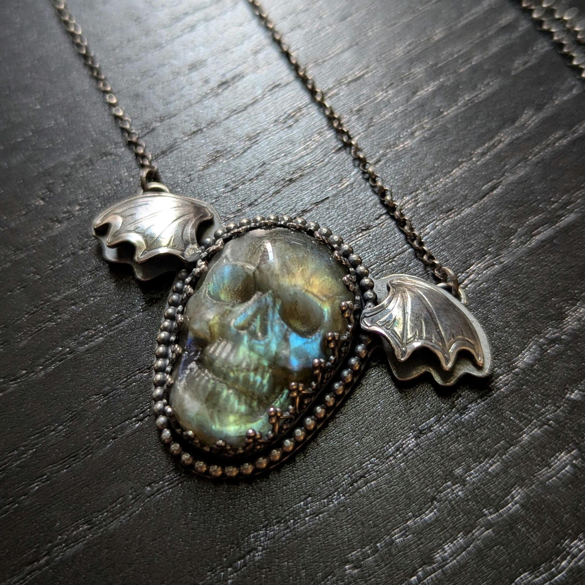 925 Sterling Silver Labradorite Flying Skull Pendant Necklace 18"