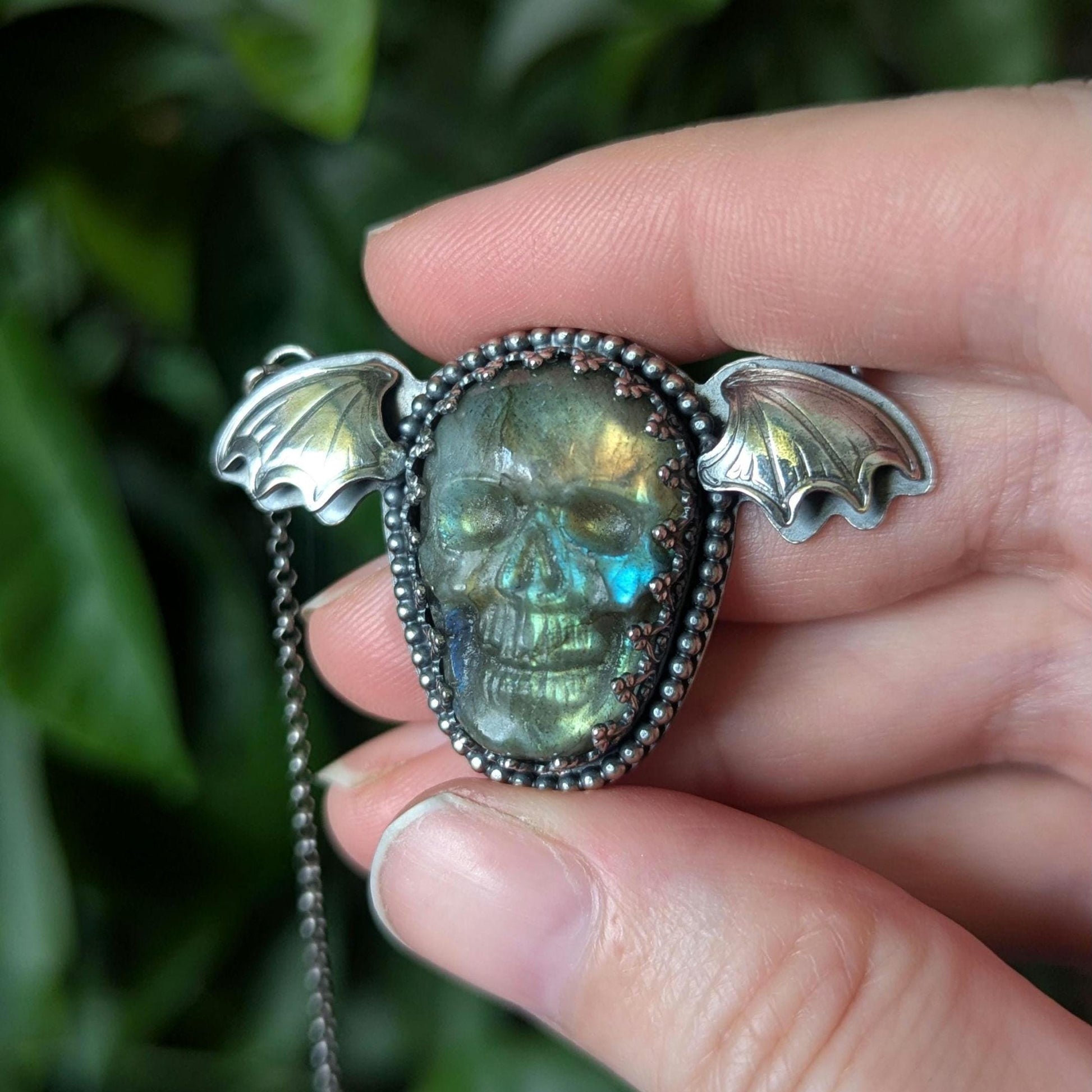925 Sterling Silver Labradorite Flying Skull Pendant Necklace 18"