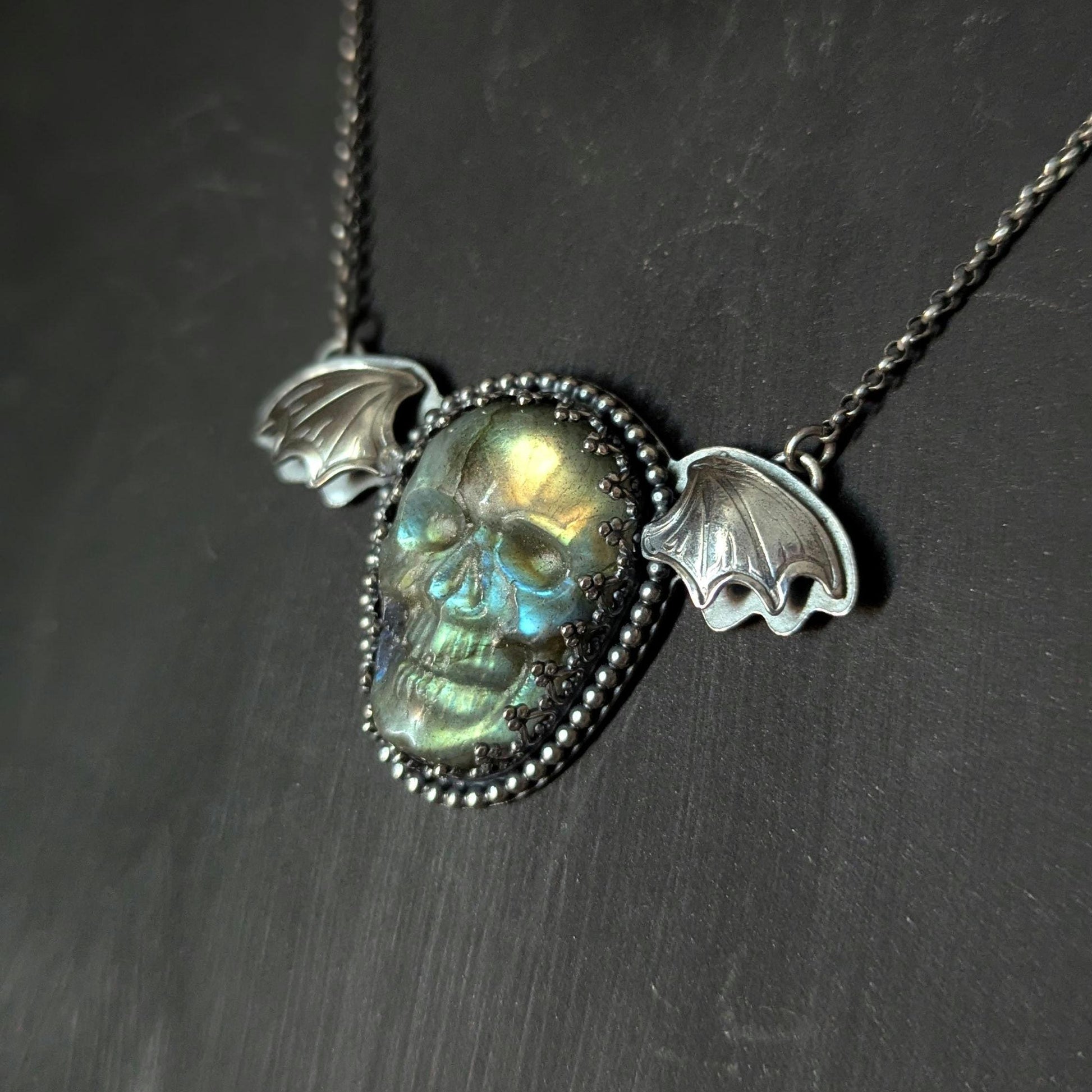 925 Sterling Silver Labradorite Flying Skull Pendant Necklace 18"