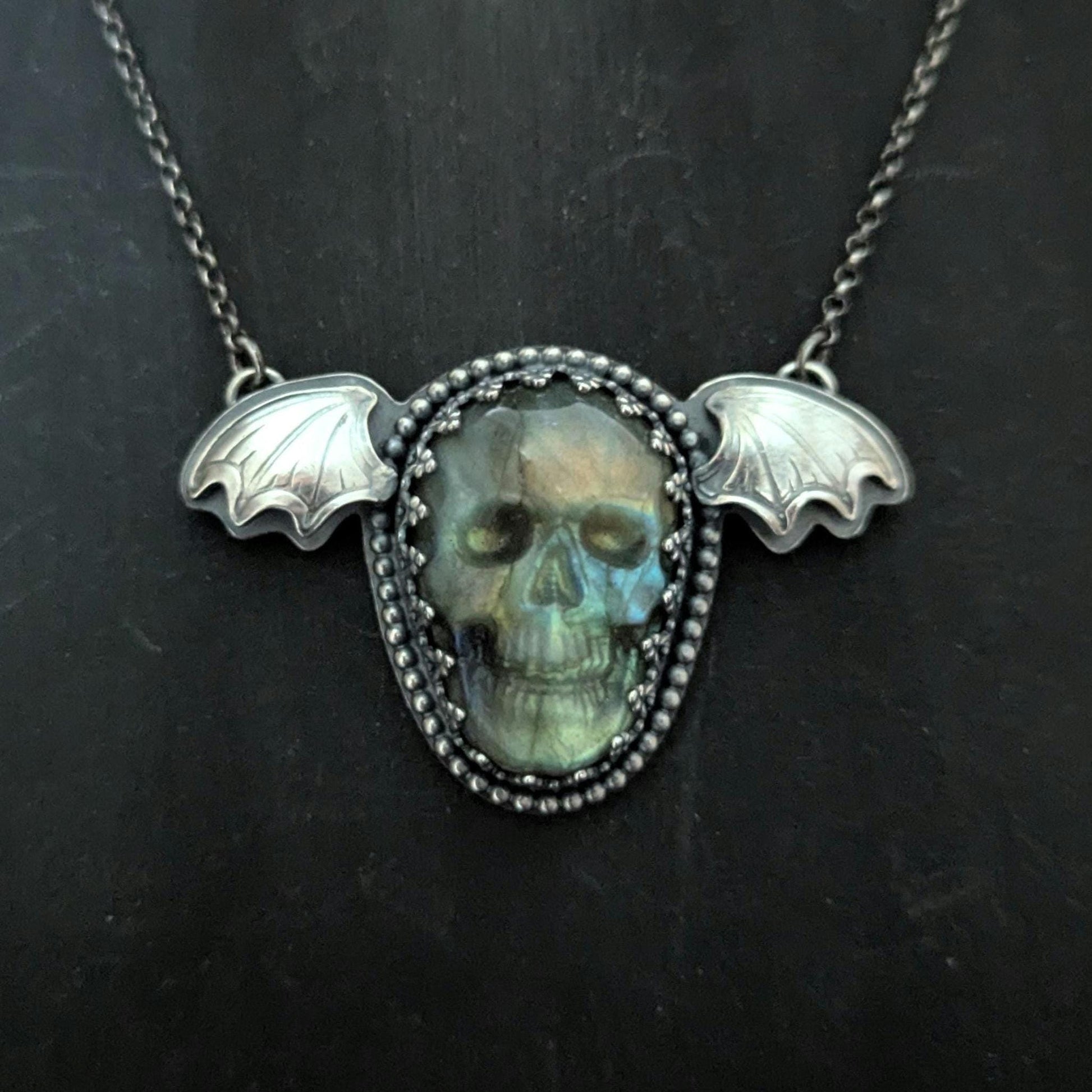 925 Sterling Silver Labradorite Flying Skull Pendant Necklace 18"