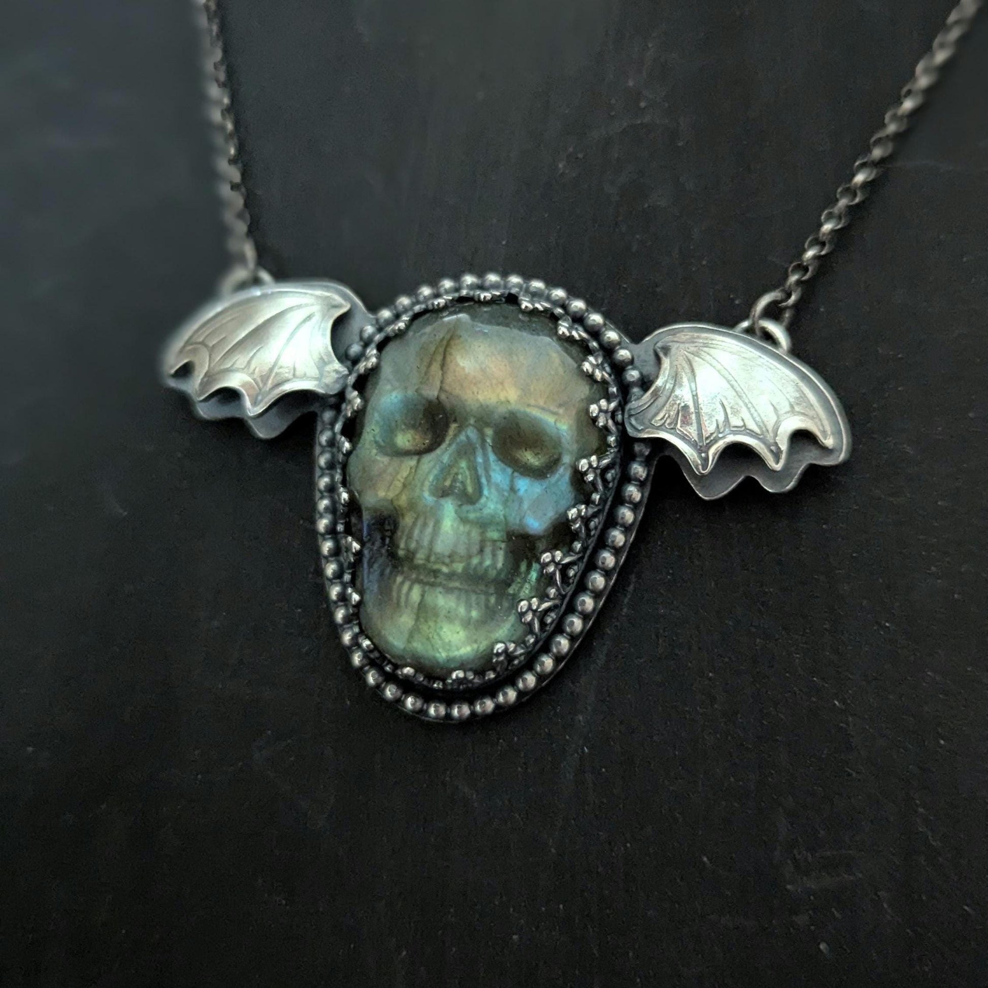 925 Sterling Silver Labradorite Flying Skull Pendant Necklace 18"