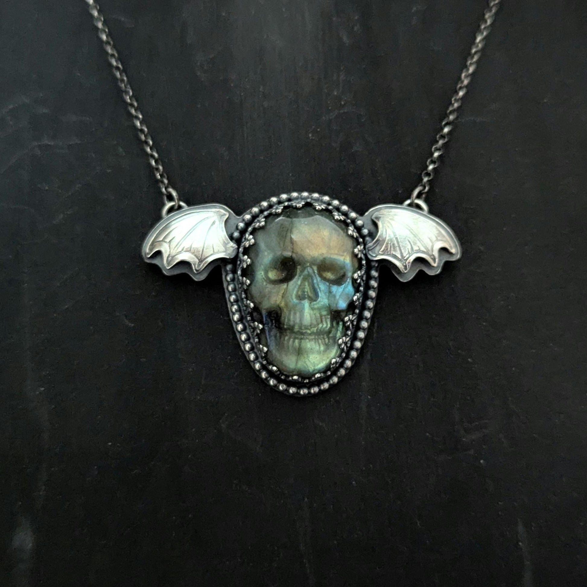 925 Sterling Silver Labradorite Flying Skull Pendant Necklace 18"