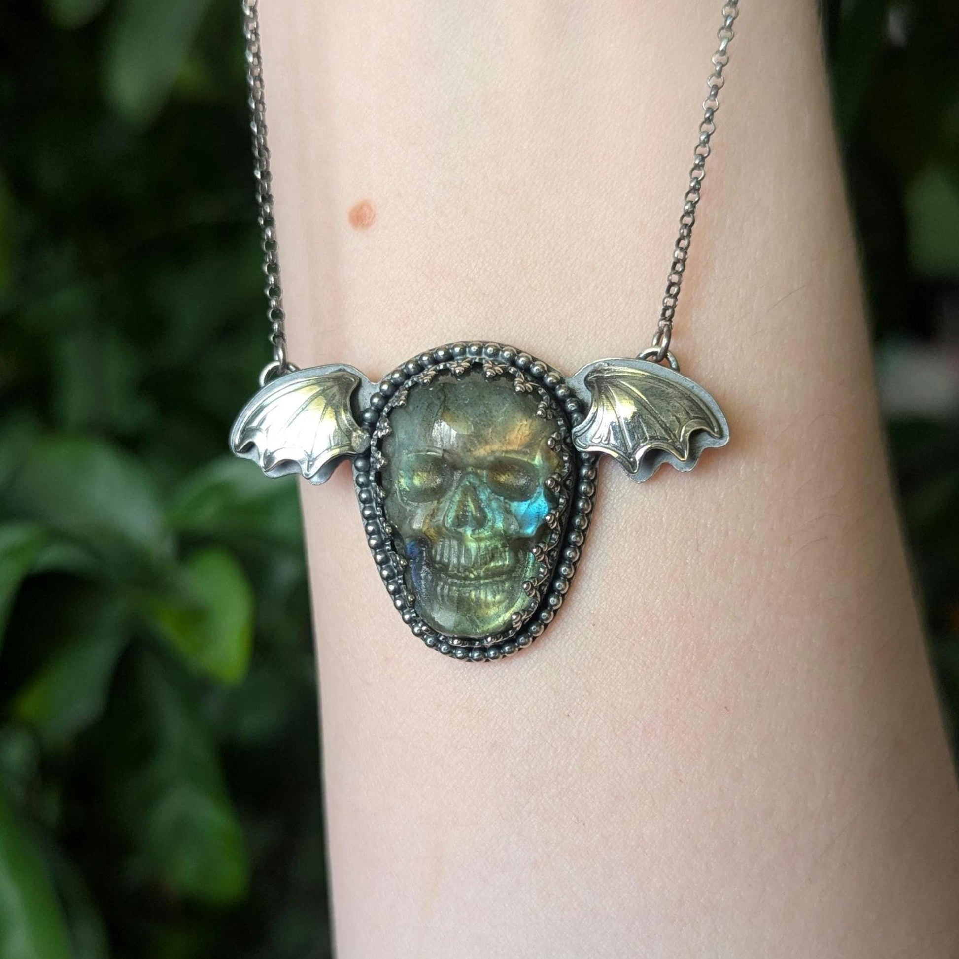 925 Sterling Silver Labradorite Flying Skull Pendant Necklace 18"