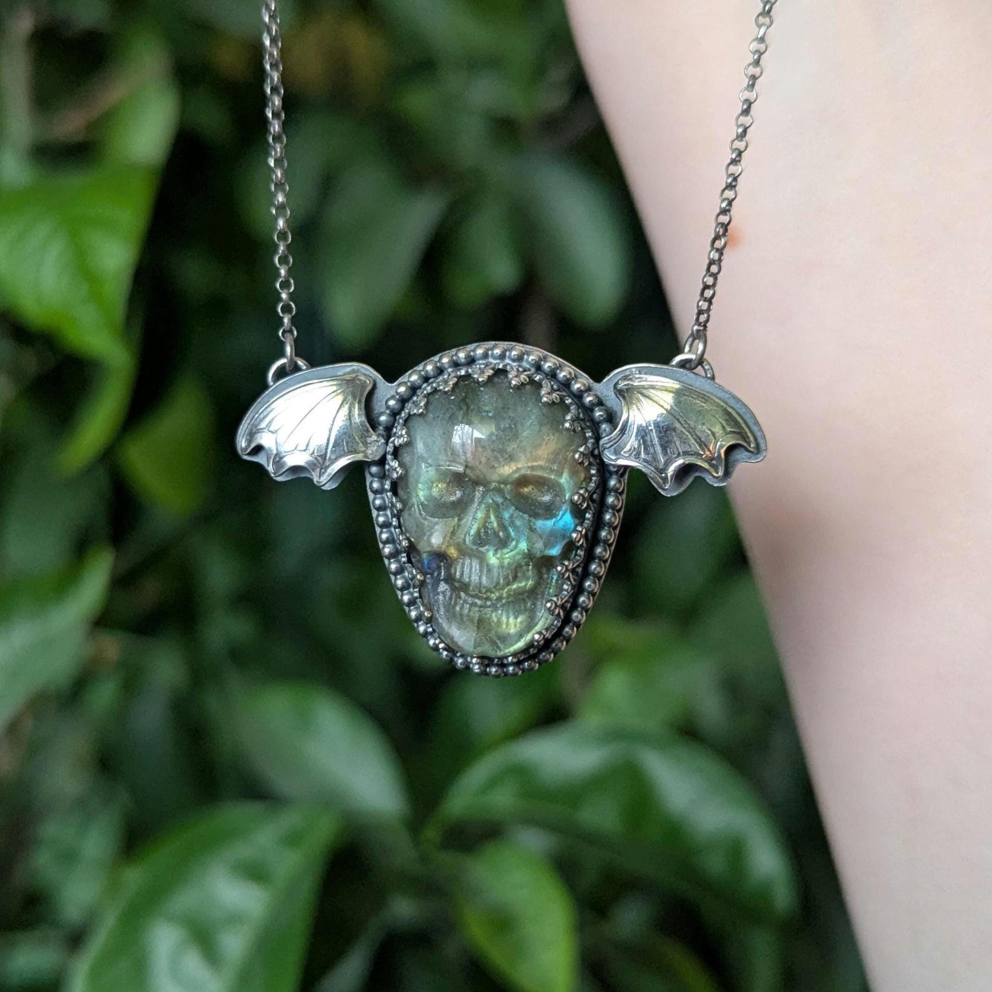 925 Sterling Silver Labradorite Flying Skull Pendant Necklace 18"